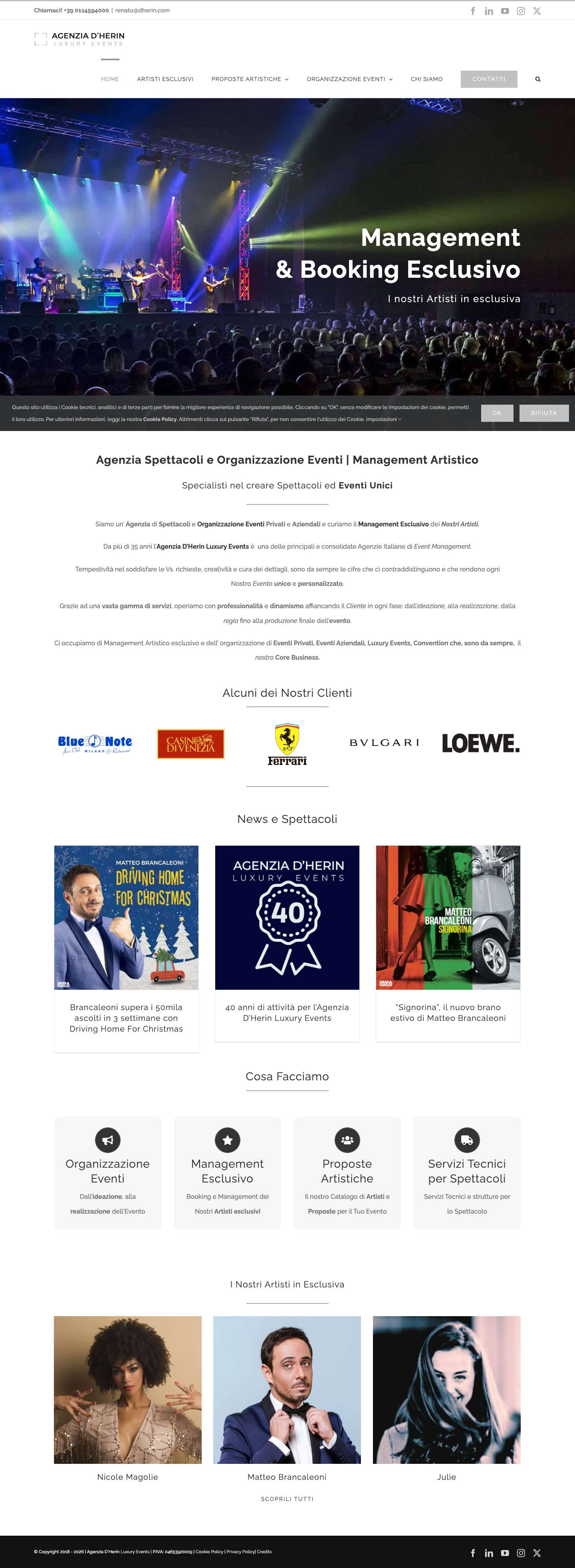 Agenzia D'Herin | Spettacoli, Management Artisti, Organizzazione Eventi - Full Screenshot