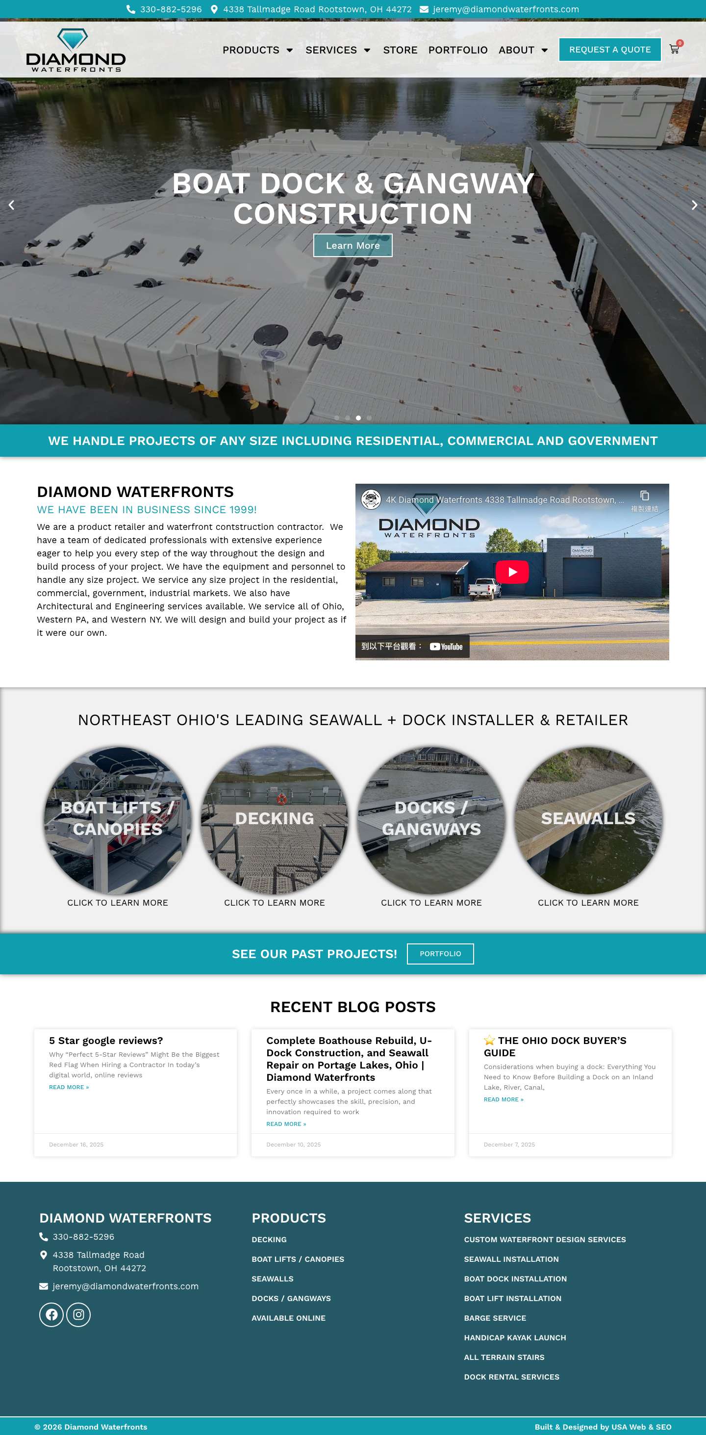 Boat Docks, Boat Lifts, Seawalls Installer | Diamond Waterfronts - Full Screenshot