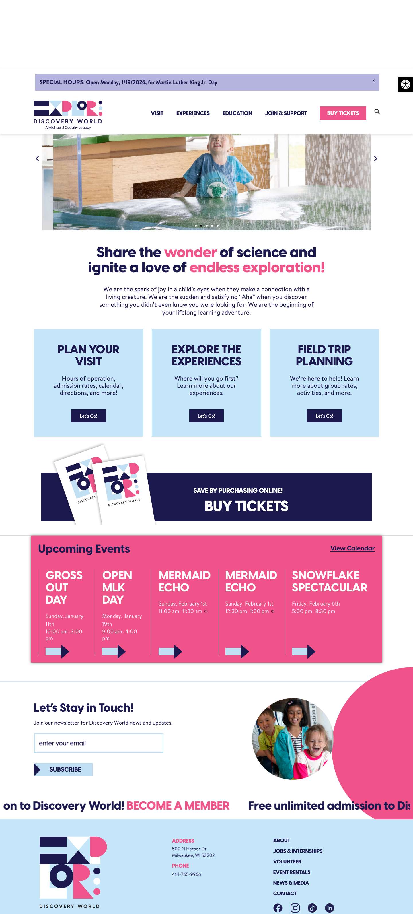 Discovery World Science and Technology Museum Milwaukee Accessibility ToolsIncrease TextDecrease Text - Full Screenshot