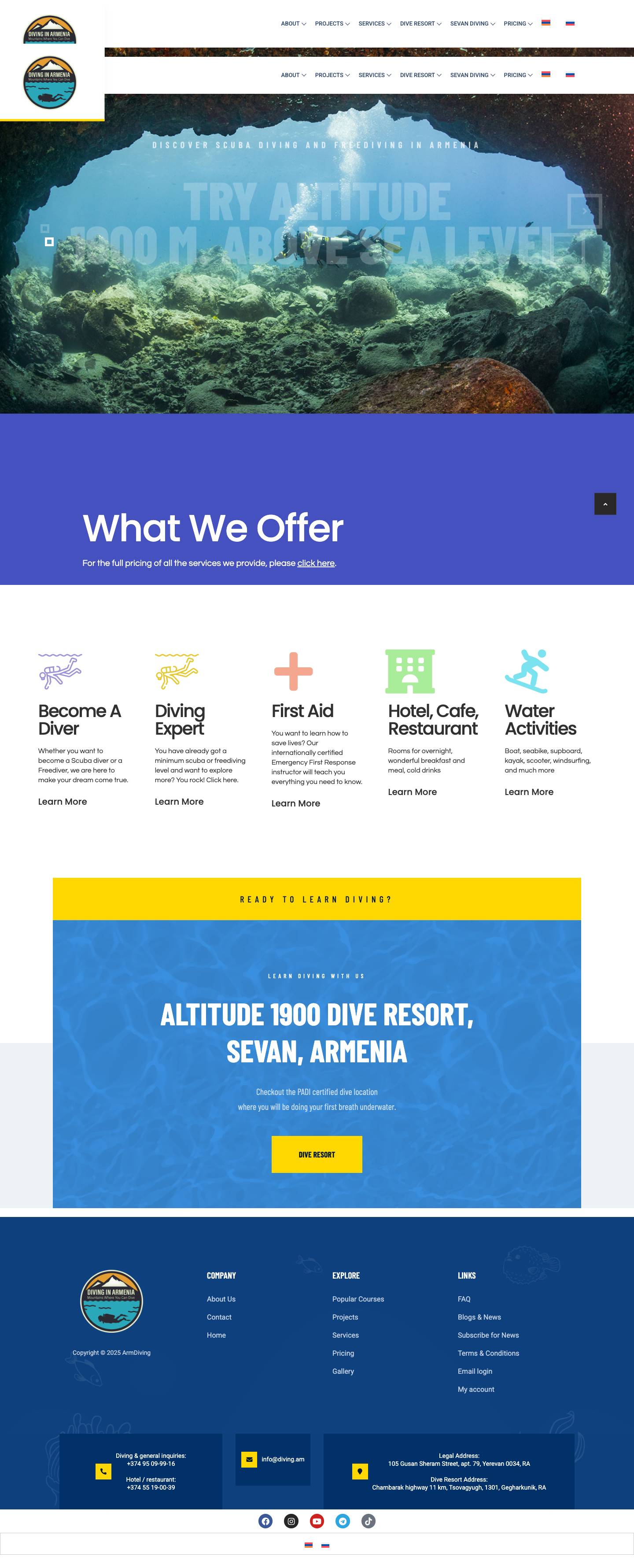 Diving in Armenia | PADI Scuba and SSI Freediving Certifications - Full Screenshot