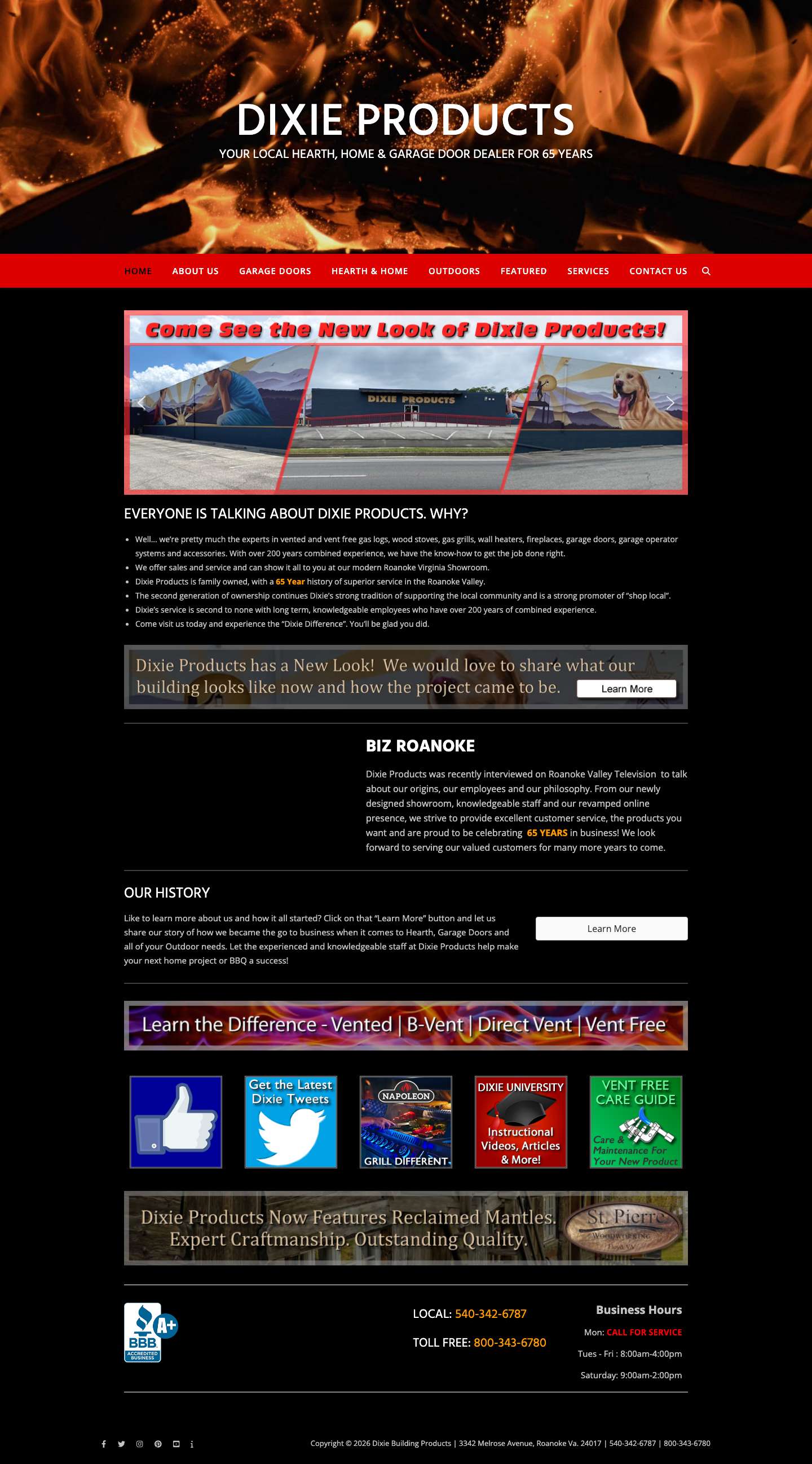 Dixie Products – Your Local Hearth, Home & Garage Door Dealer for 65 Years - Full Screenshot