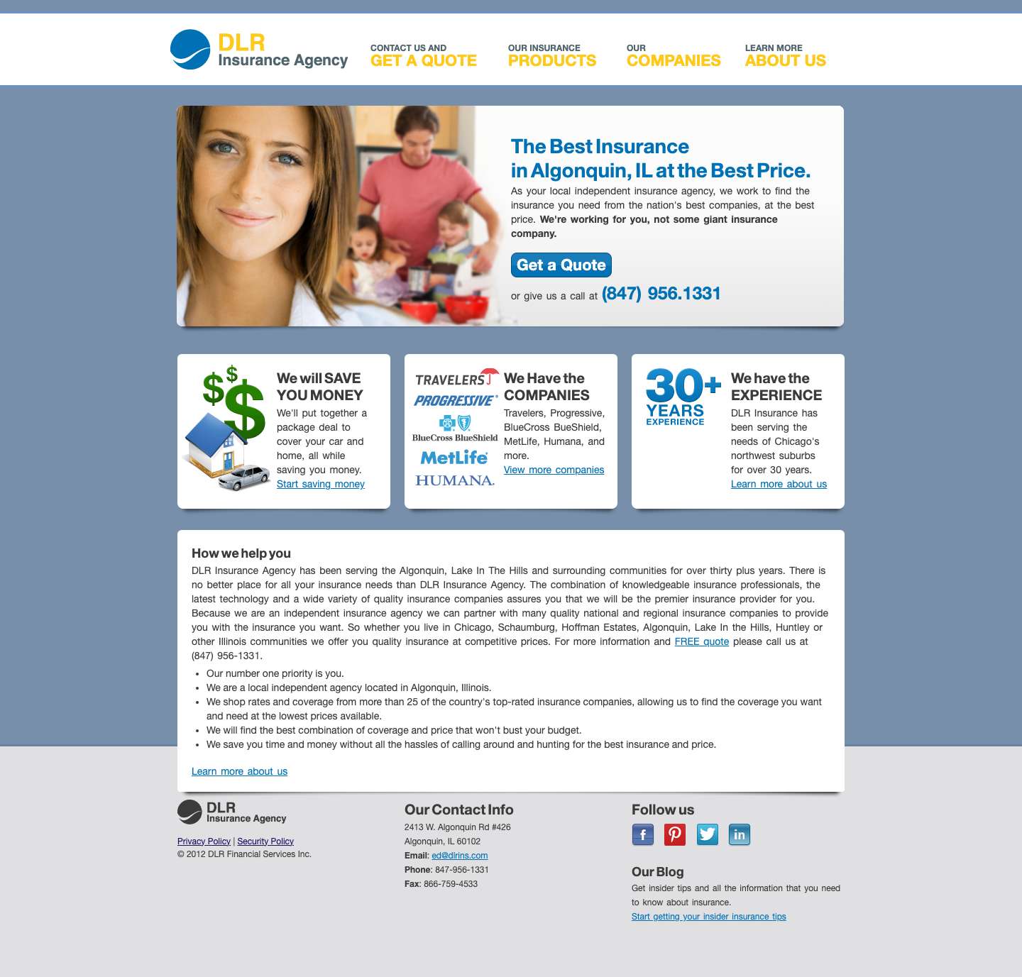 DLR Insurance Agency- Independent Insurance Agency Serving Algonquin - Lake In The Hills - Huntley & Crystal Lake Area. Quality Personalized Insurance, Low Competitive Rates, Excellent Service, Free Quotes. Great Companies Insurance For Auto - Home - Business - Life and Health Insurance. Start Saving Call Today 847-956-1331 - Full Screenshot