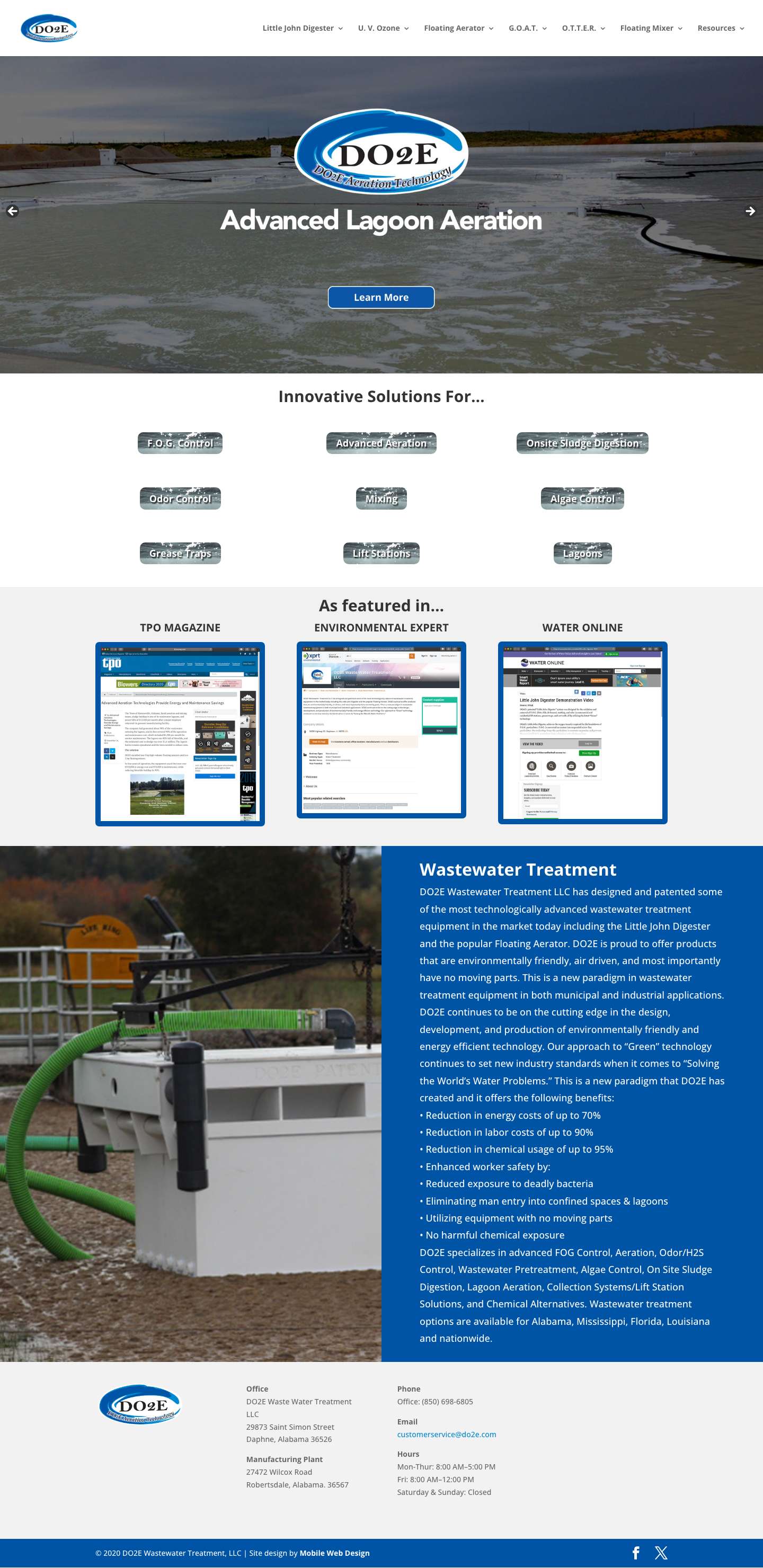 Home - DO2E Wastewater Treatment, FOG, Aeration, Algae, Sludge, Lagoon - Full Screenshot