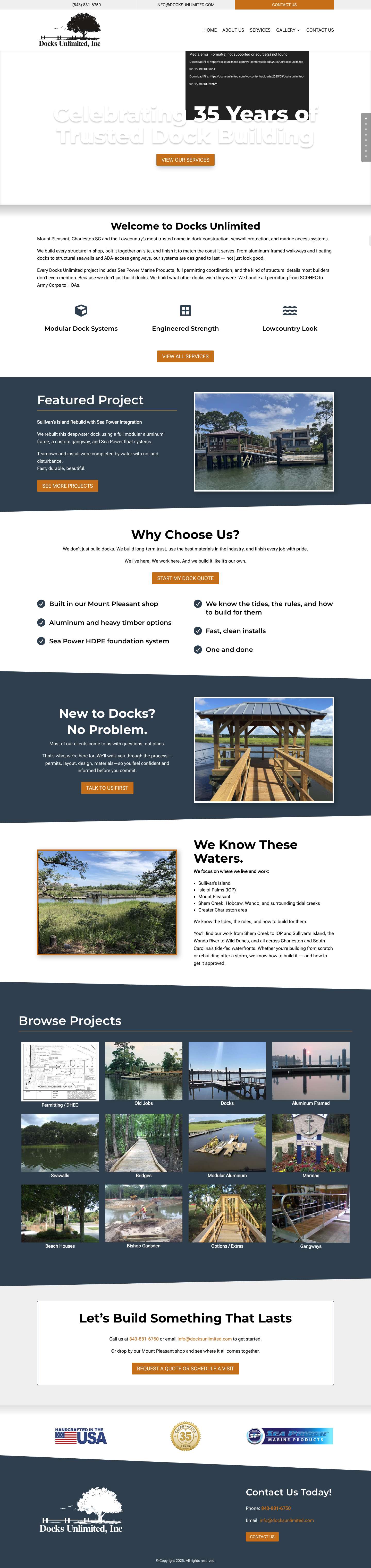 Docks Unlimited | Dock Builder | Charleston SC | Custom design and construction of marinas, docks, seawalls and bridges | Modular Dock Builders - Full Screenshot