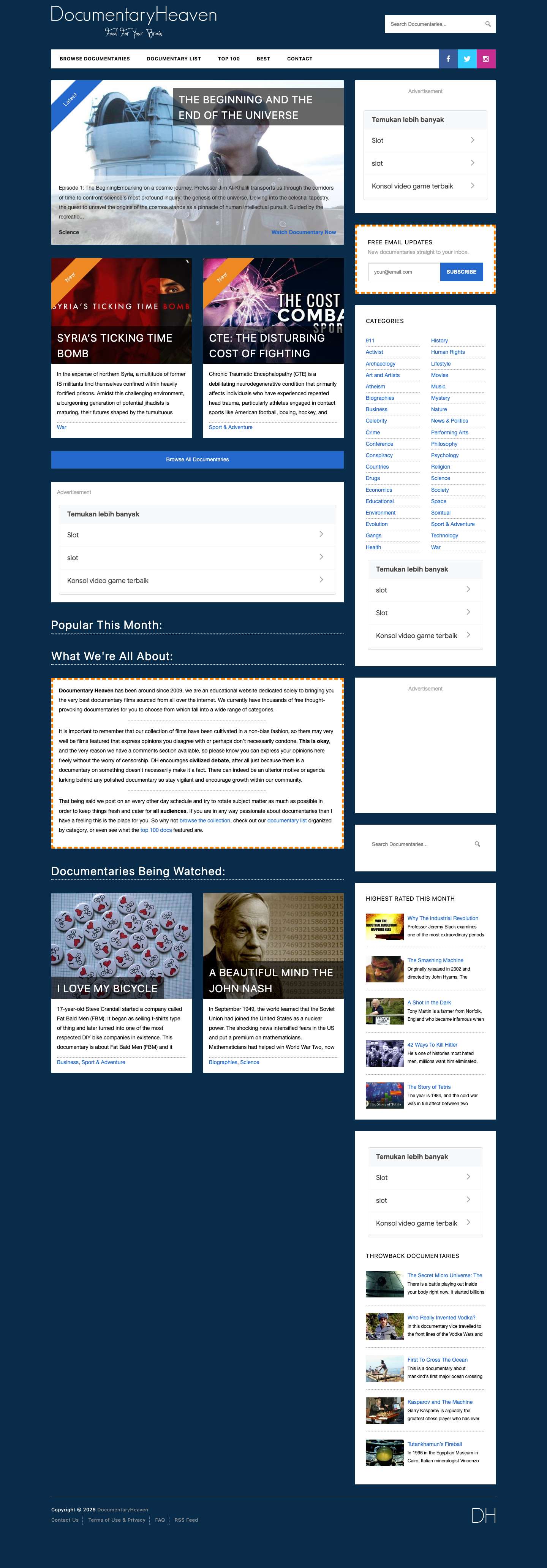 Watch Free Documentaries Online | Documentary Heavenfacebooktwitterinstagramgoogle-plusvimeoyoutubeflickrrss - Full Screenshot