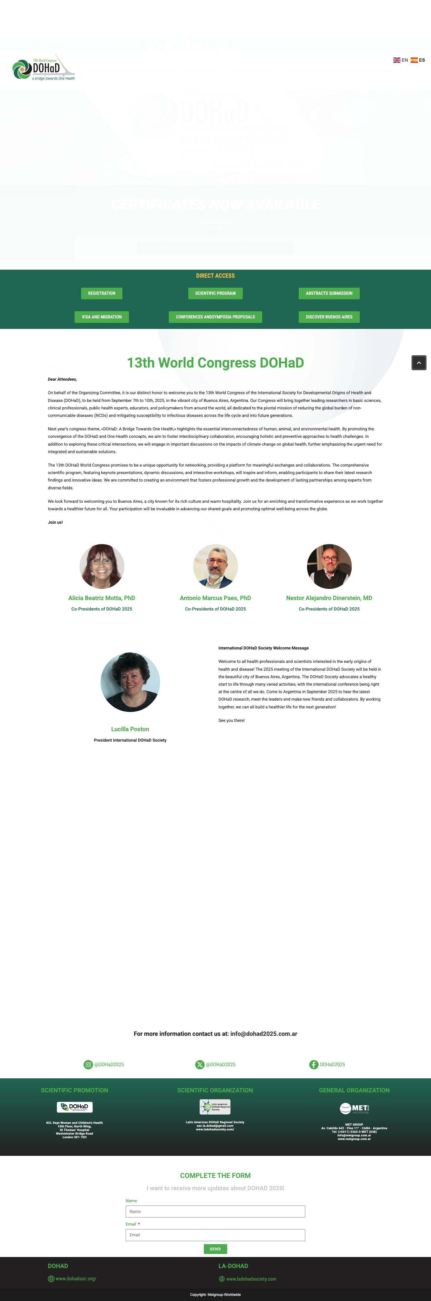 Dohad – 13th World Congress – A Bridge Towards One Health – On behalf of the Organizing Committee, it is our distinct honor to welcome you to the 13th World Congress of the International Society for Developmental Origins of Health and Disease (DOHaD), to be held from September 7th to 10th, 2025, in the vibrant city of Buenos Aires, Argentina. - Full Screenshot