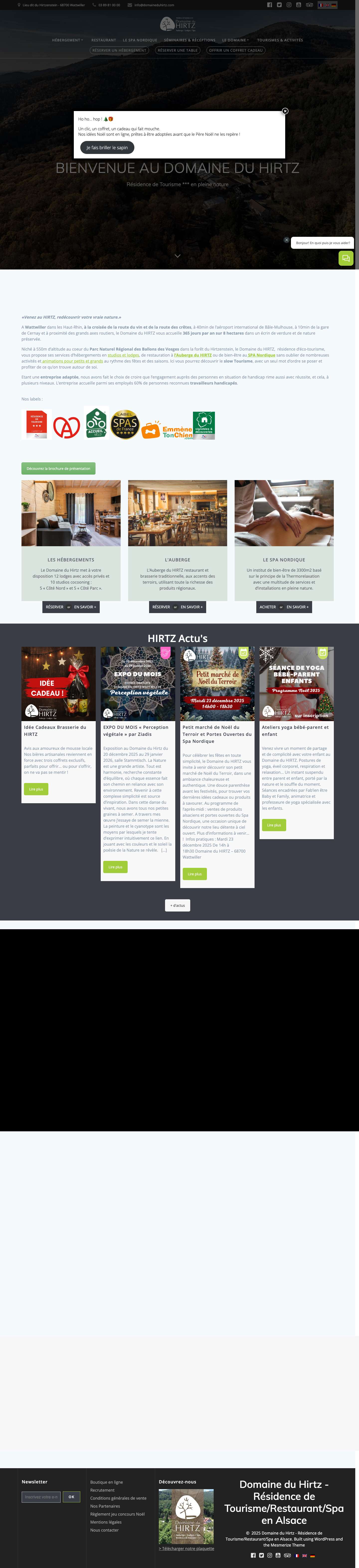 Domaine du Hirtz – Résidence de Tourisme/Restaurant/Spa en Alsace – Votre Ecolodge *** à Wattwiller : Hébergement, Restauration, Spa Nordique et Activités au cœur de la Nature Alsacienne pour des vacances en Alsace inoubliables. - Full Screenshot