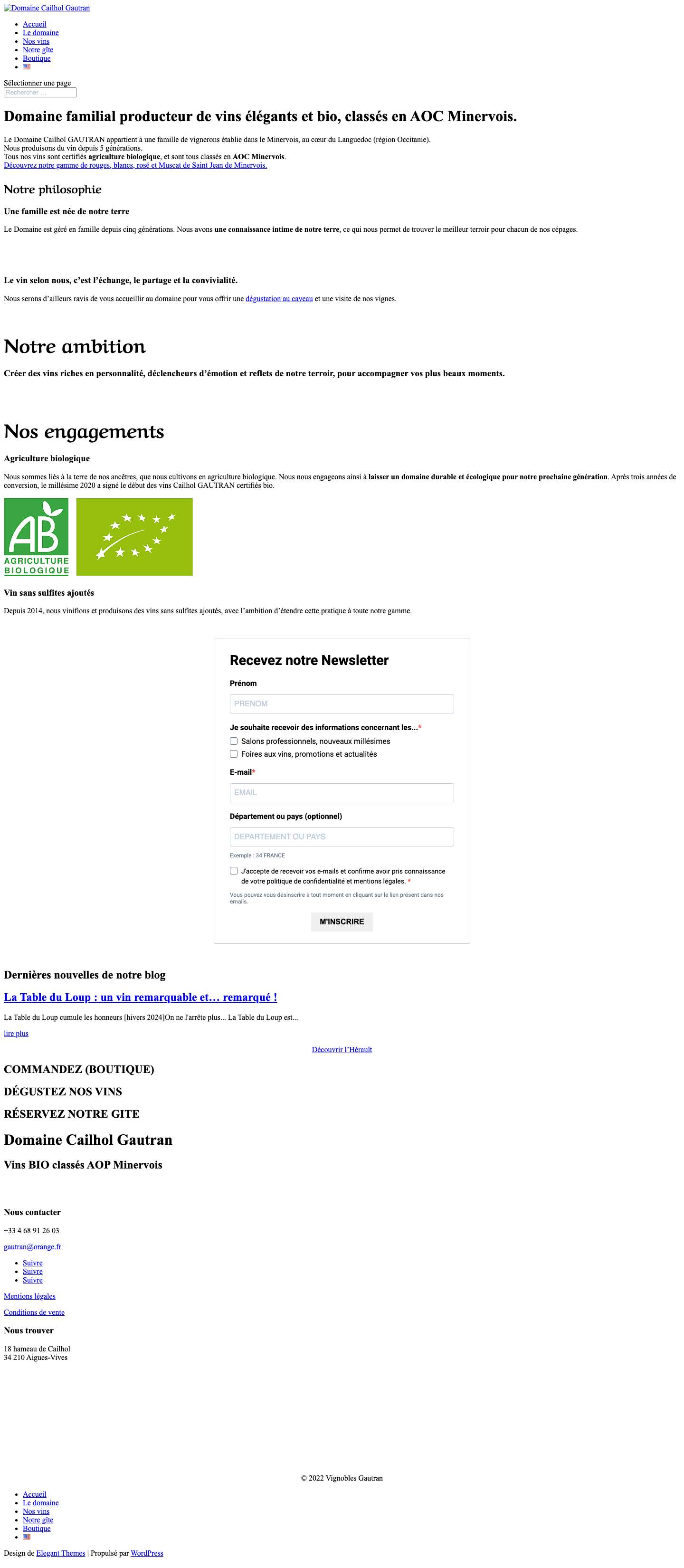 Domaine Cailhol Gautran, vins bio classés AOC Minervois - Full Screenshot