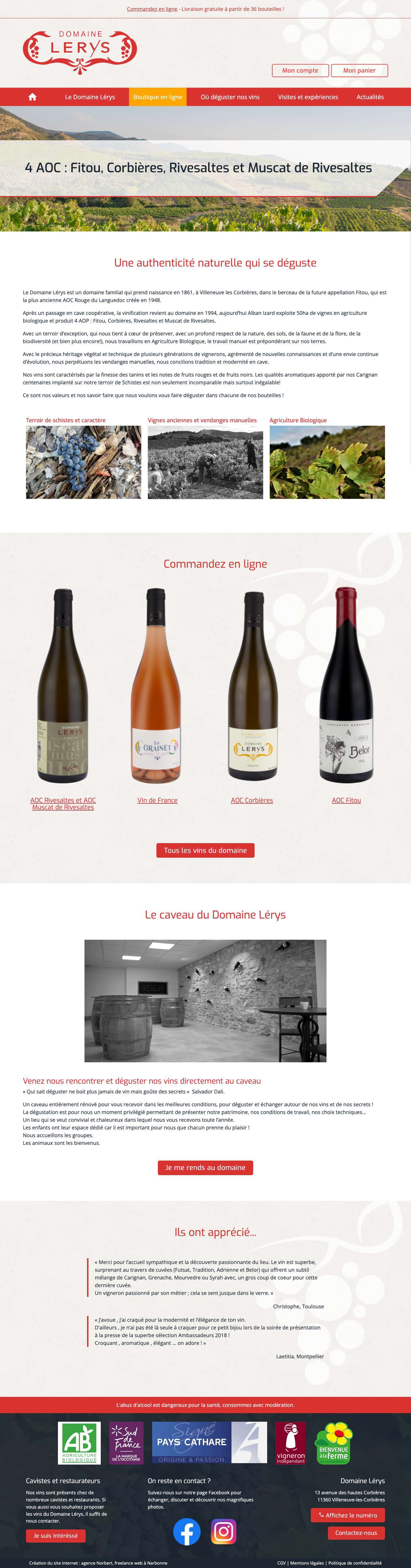 Domaine Lerys - 4 AOC : Fitou, Corbières, Rivesaltes et Muscat de Rivesaltes - Full Screenshot