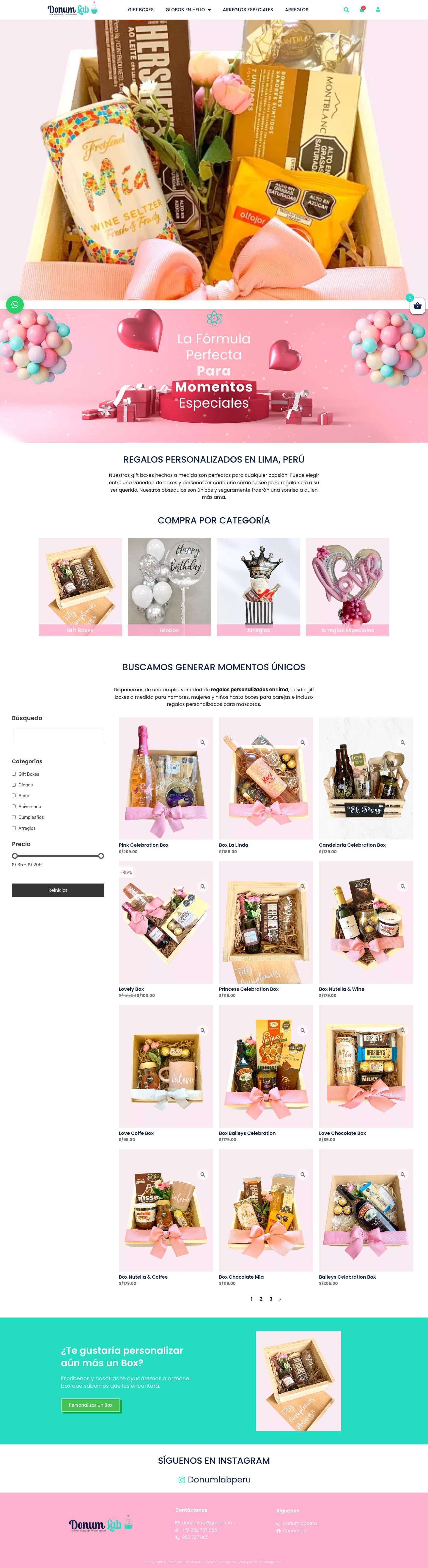 Donum Lab - Tienda de Regalos Personalizados a domicilio | Tienda de regalos personalizados a domicilio. Gift Boxes, cajas de regalo, arreglos en globo, arreglos especiales, tortas de cumpleaños, cupcakes personalizados, peluches, regalos de empresa. - Full Screenshot