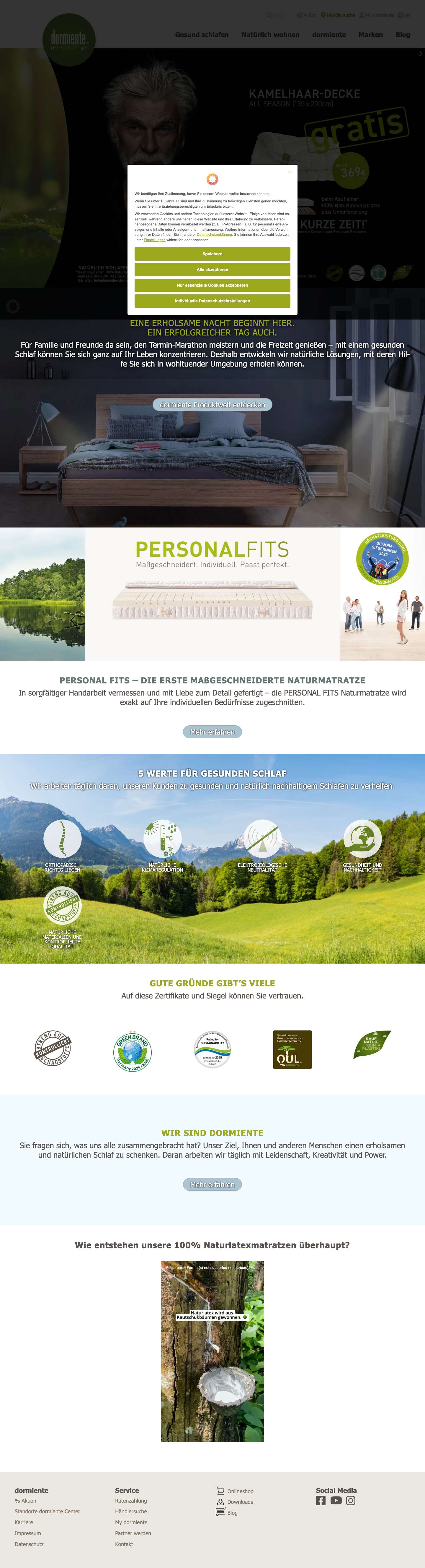 Ökologische Matratzen, Polsterbetten & Naturbettwaren | dormiente - Full Screenshot