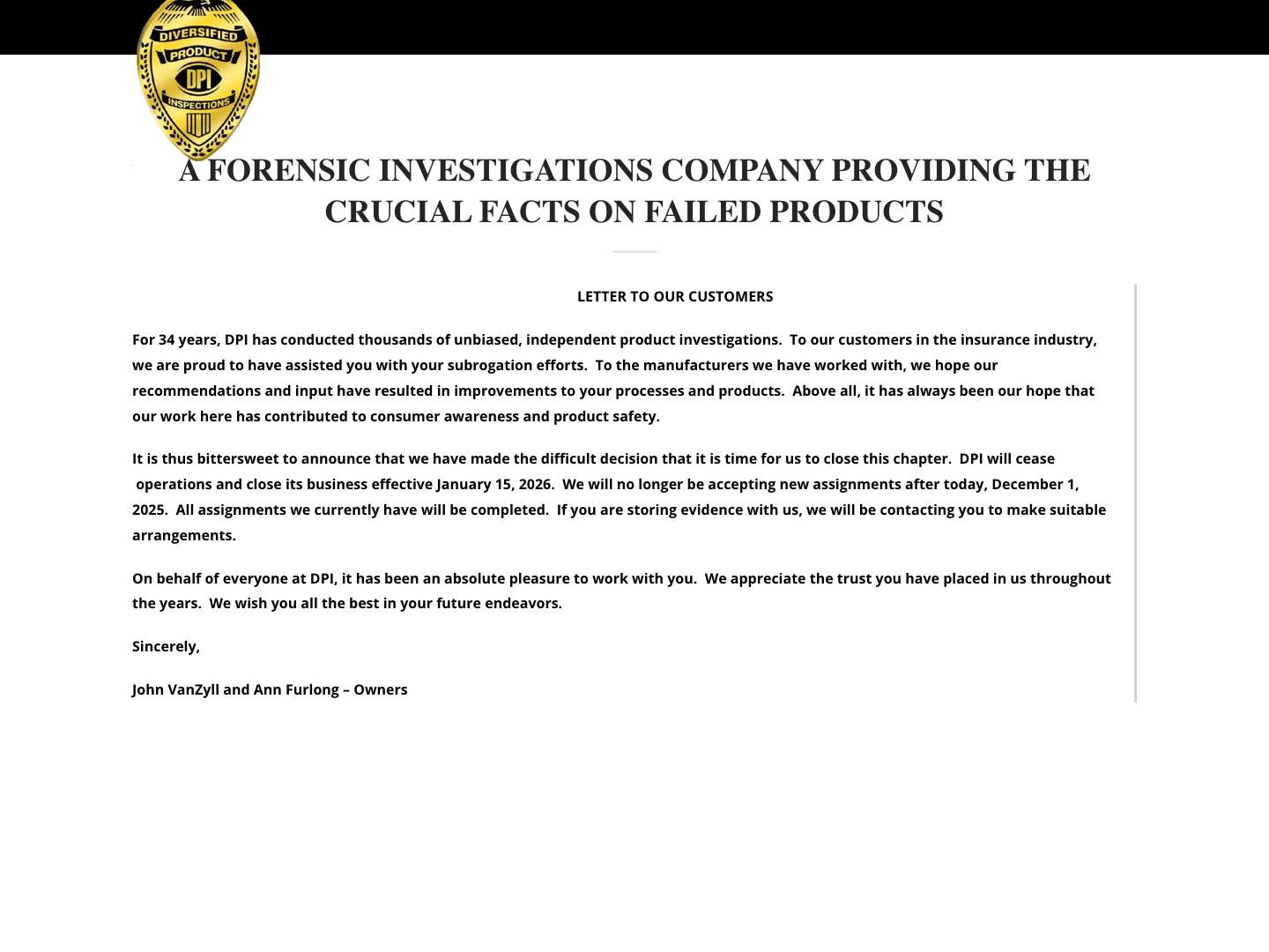 Failure analysis, product failures, manufacturer identification - Full Screenshot