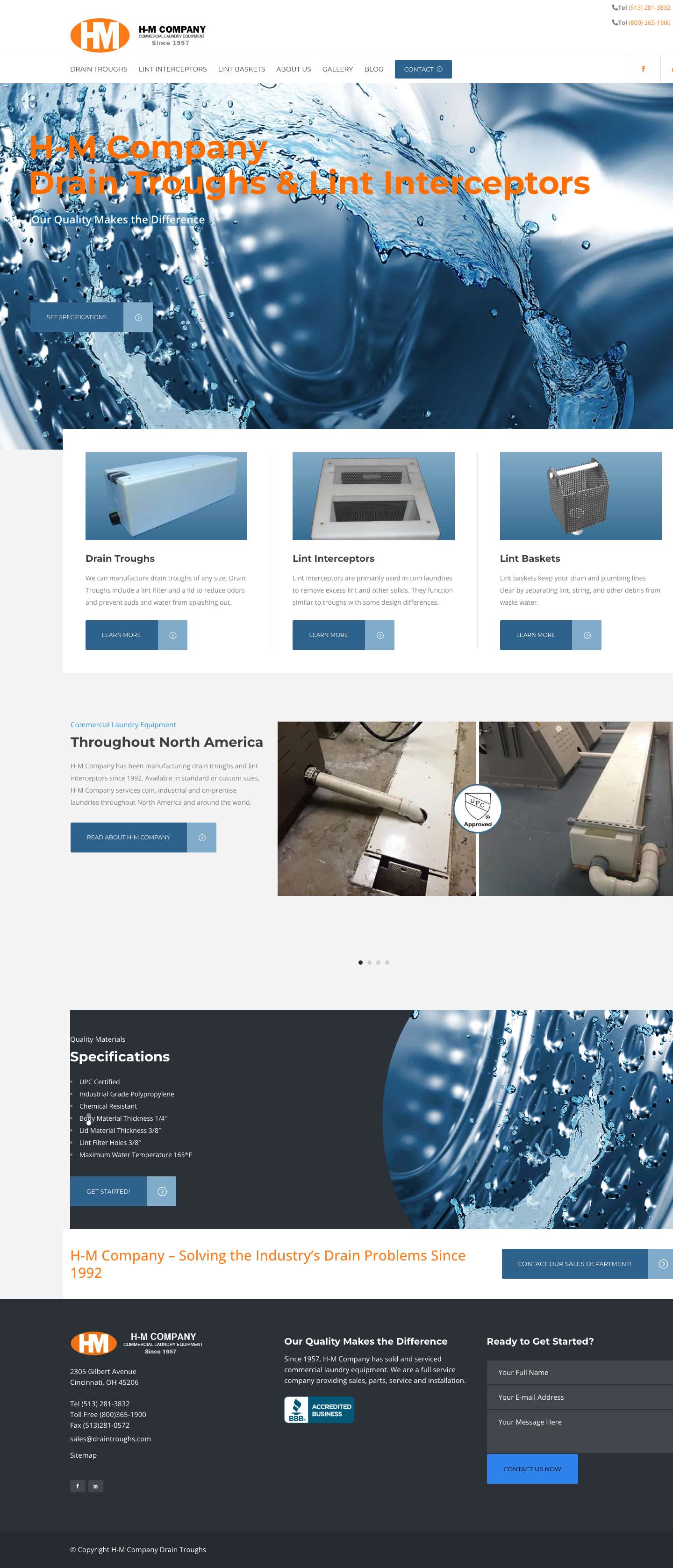 Drain Trough & Lint Interceptors | H-M Company Drain Troughs - Full Screenshot