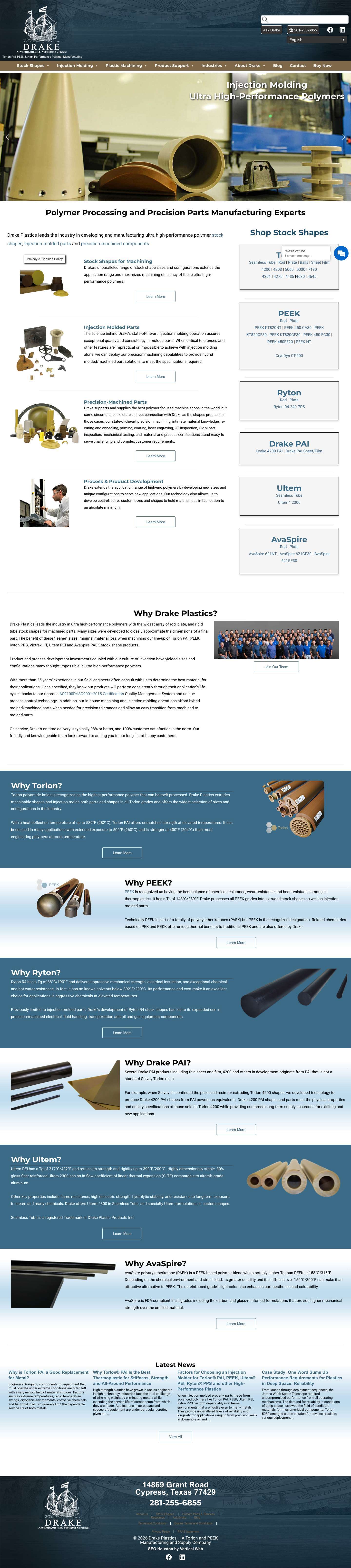 Torlon and PEEK Manufacturing | Stock Shapes | Injection Molding | Drake Plastics - Full Screenshot