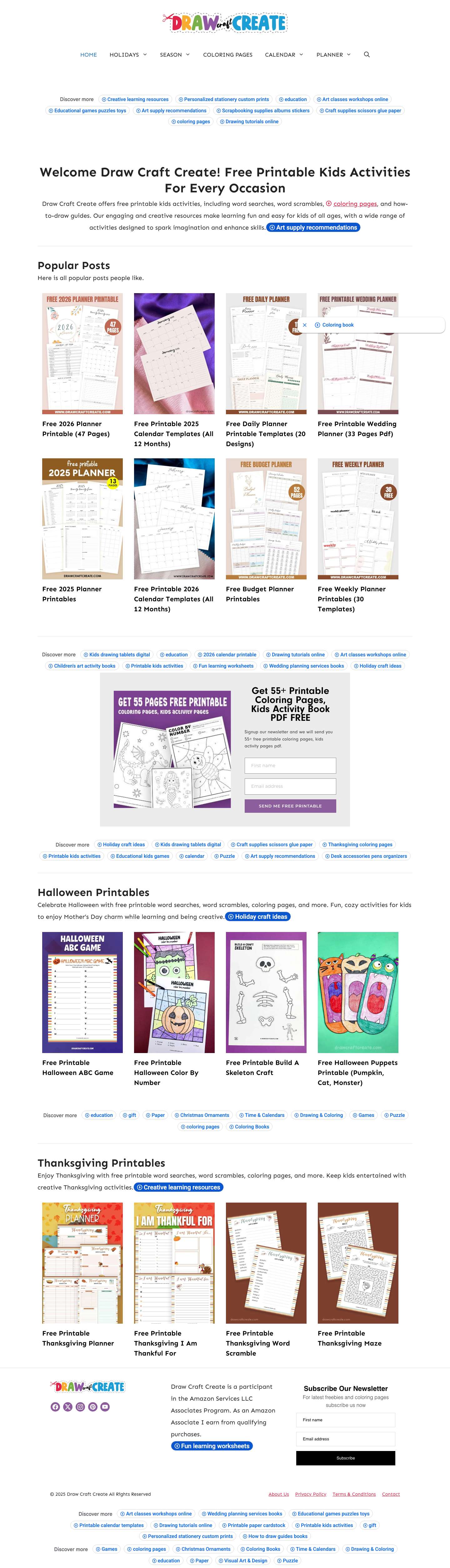 Free Printables Coloring, Crafts, Planners & Calendars - Draw Craft Create - Full Screenshot