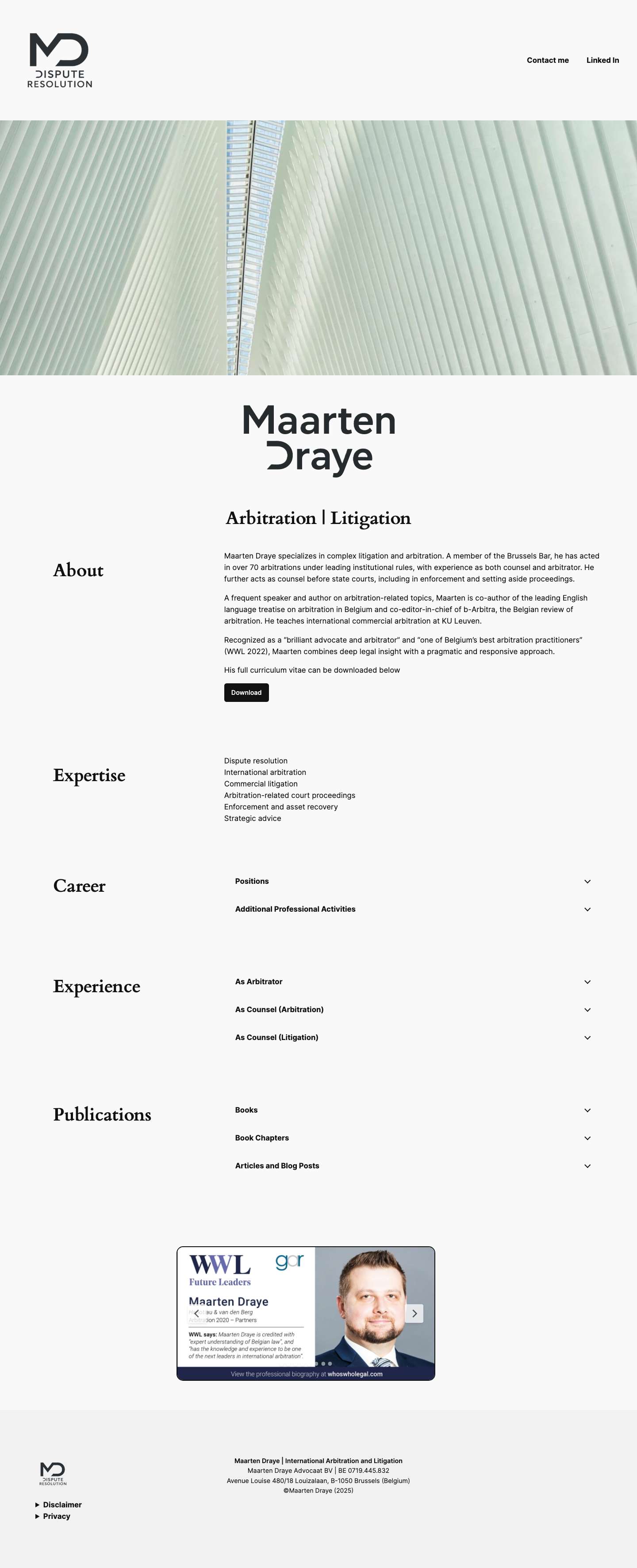 Maarten Draye - Arbitration & Litigation Lawyer / Arbitrator, Belgium - Full Screenshot
