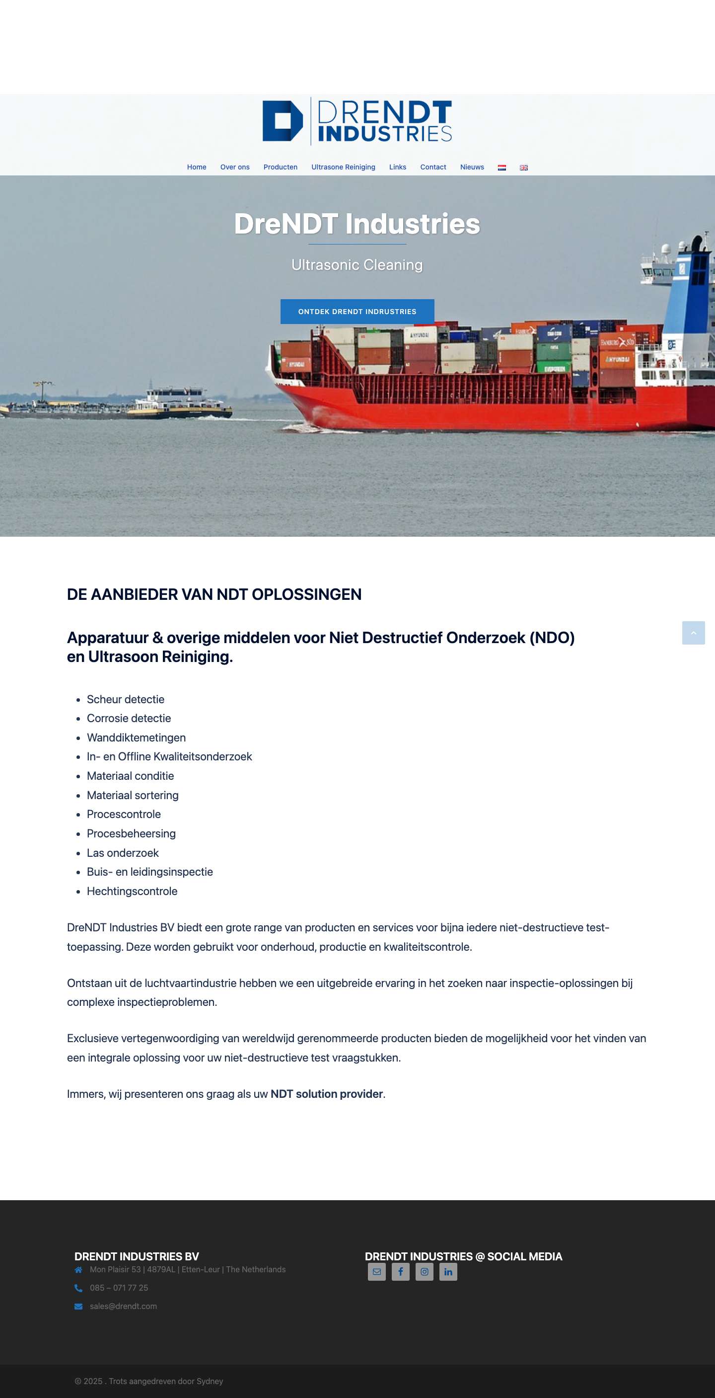 DreNDT Industries: Uw aanbieder in NDT oplossingenE-mailFacebookInstagramLinkedIn - Full Screenshot