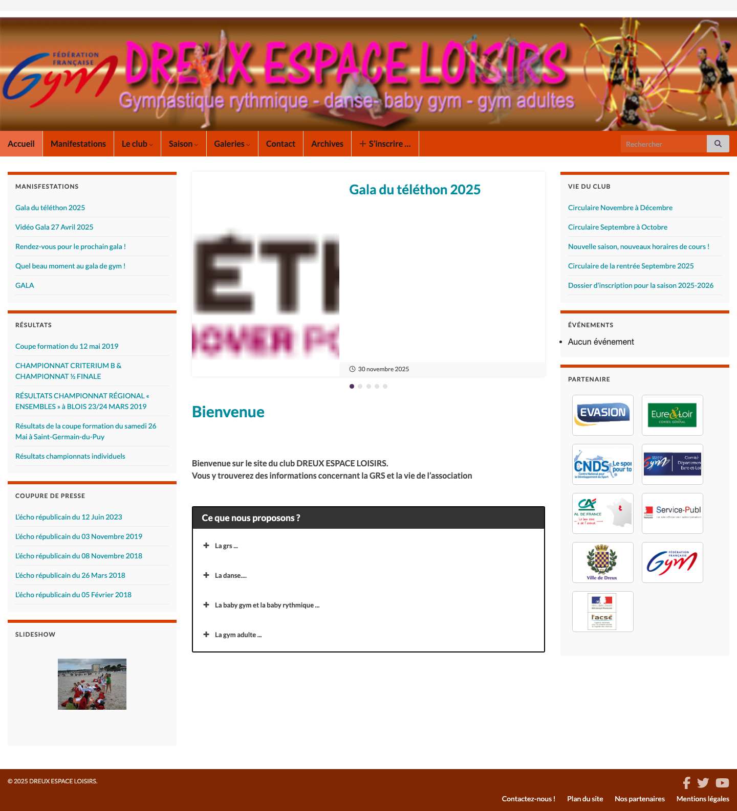 DREUX ESPACE LOISIRS – Association de gymnastique rythmique, gymnastique adulte, baby gym et danse à Dreux - Full Screenshot