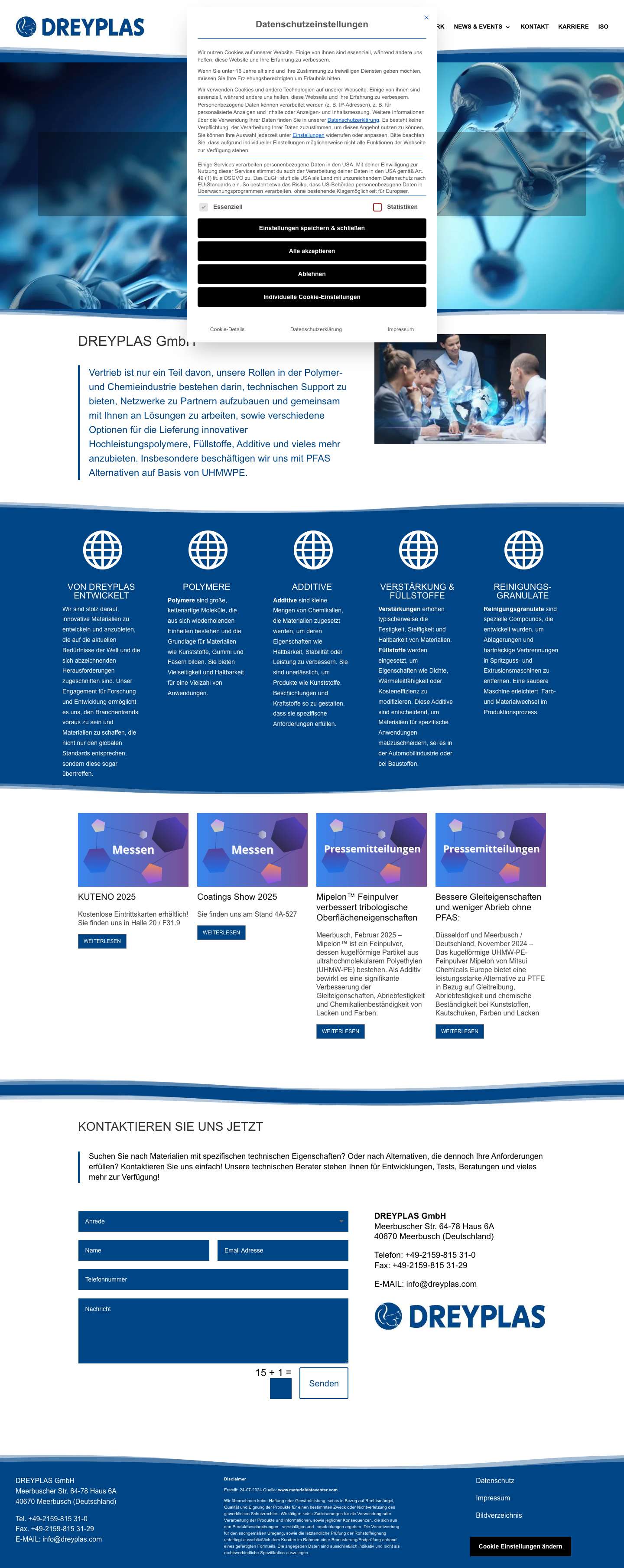 Start - DREYPLAS GmbH - Hochleistungspolymere, Füllstoffe, Additive - Full Screenshot