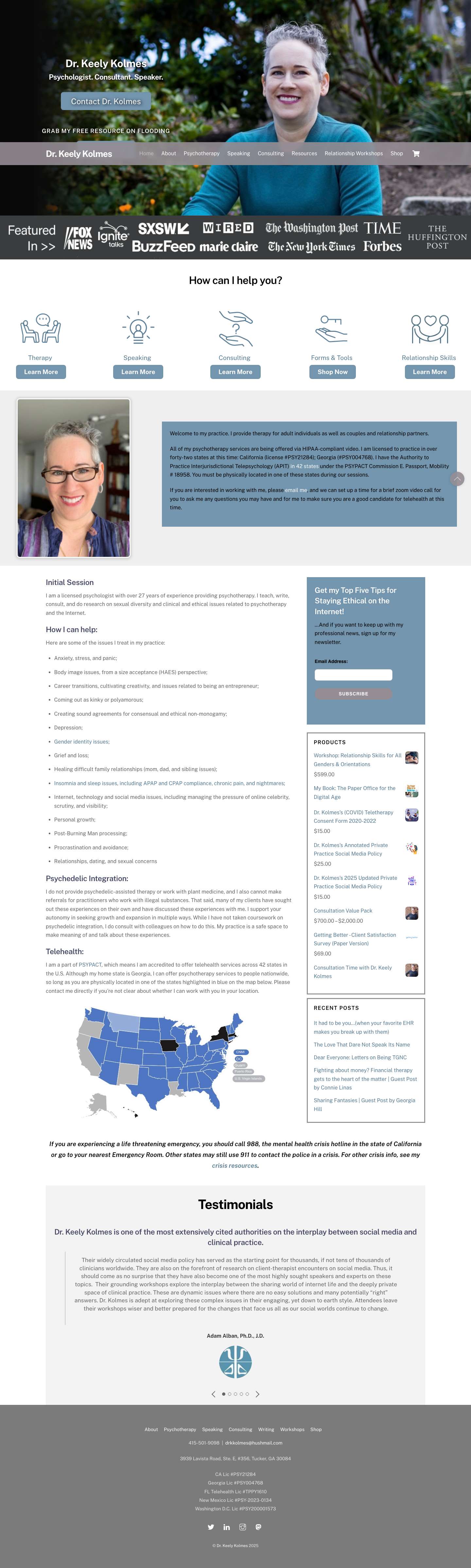 Teletherapy in California, Georgia, and 42 other U.S. States - Dr. Keely Kolmes - Full Screenshot