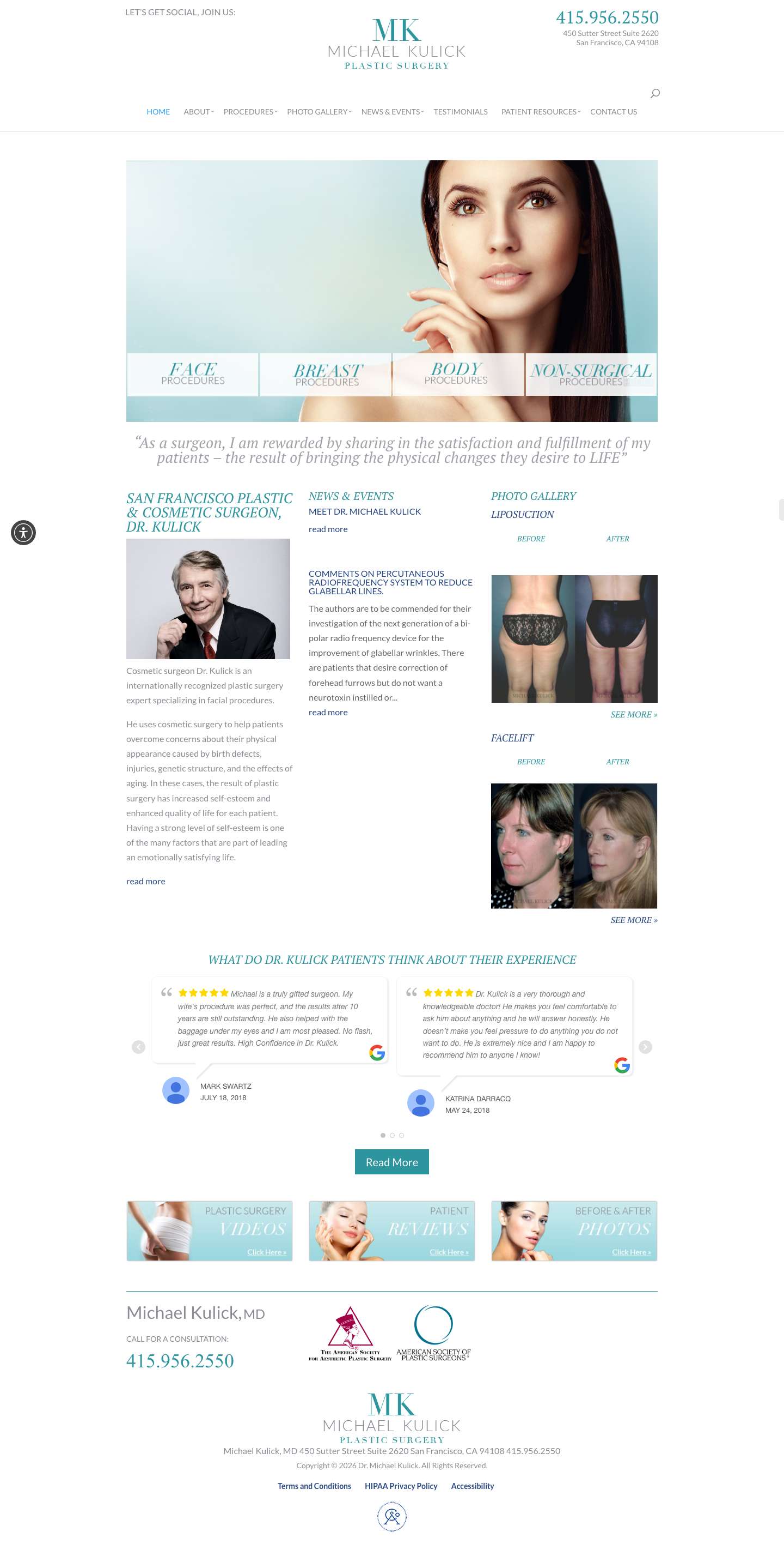 San Francisco Plastic Surgery- Bay Area Cosmetic Surgeon Michael Kulick, MD - Full Screenshot