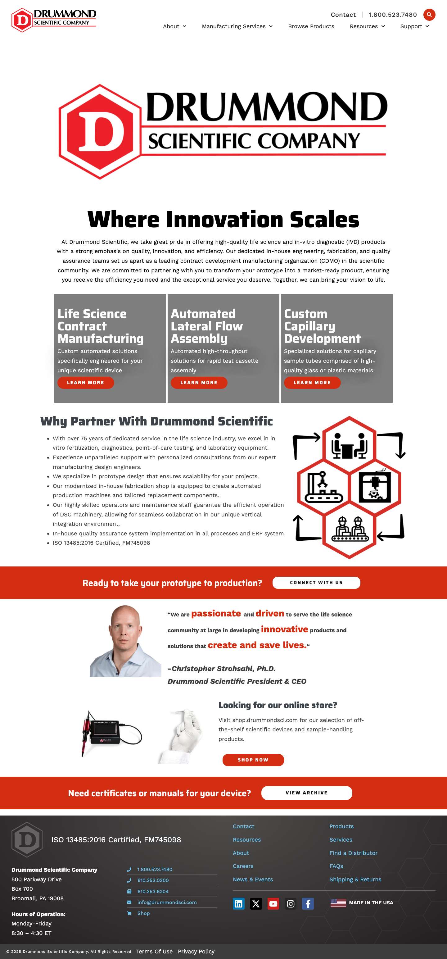 Life Science Contract Manufacturing | Drummond Scientific - Full Screenshot