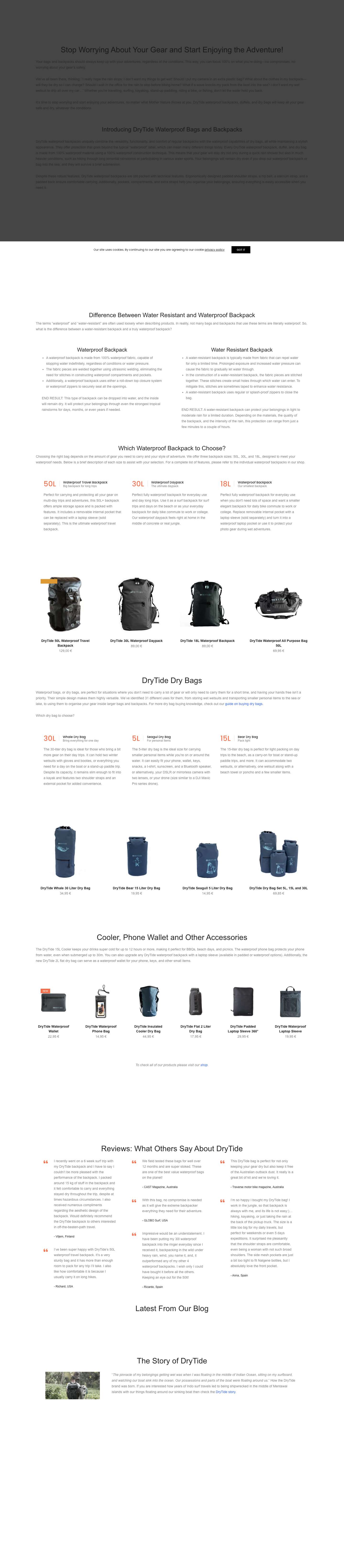 DRYTIDE Waterproof Backpacks, Duffels and Dry Bags - Full Screenshot