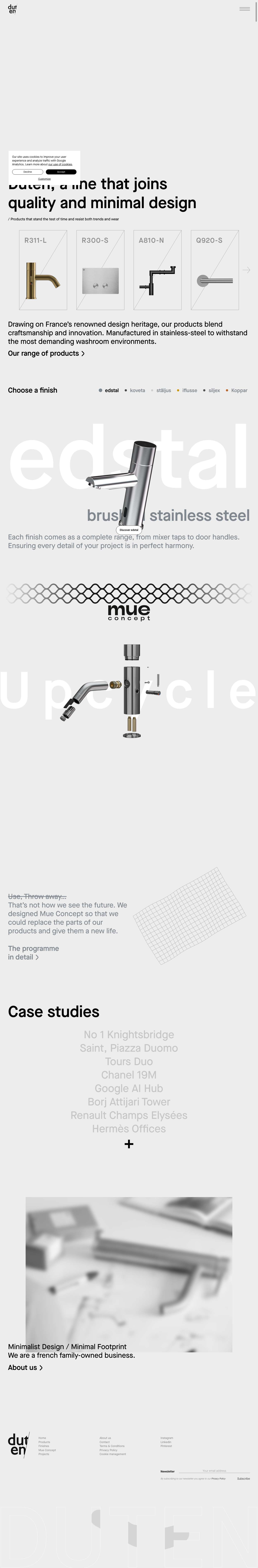 Duten, stainless steel taps and accessories for commercial washrooms - Full Screenshot