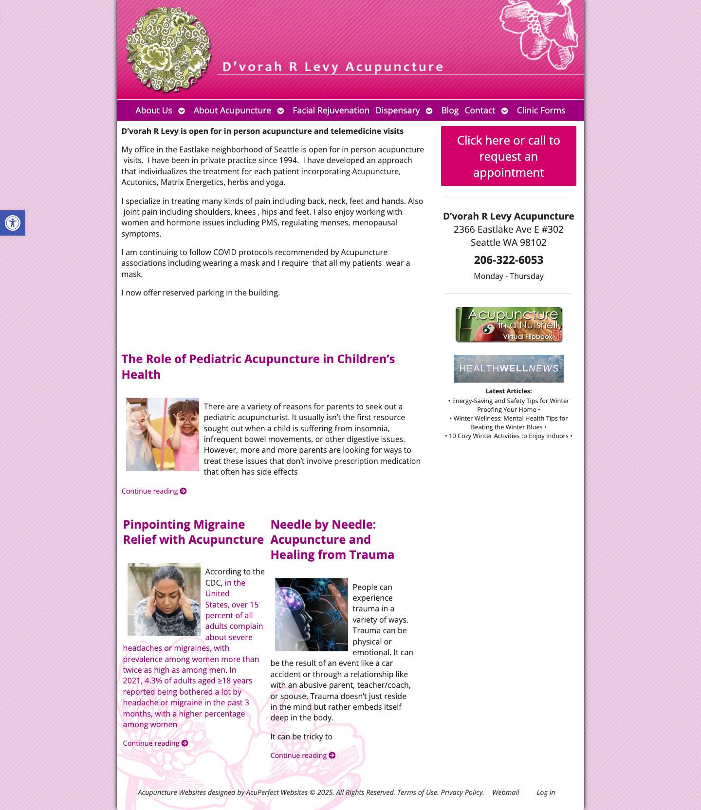 D'vorah R Levy Acupuncture | Seattle, WAAccessibility ToolsIncrease TextDecrease TextGrayscaleHigh ContrastNegative ContrastLight BackgroundLinks UnderlineReadable FontReset - Full Screenshot