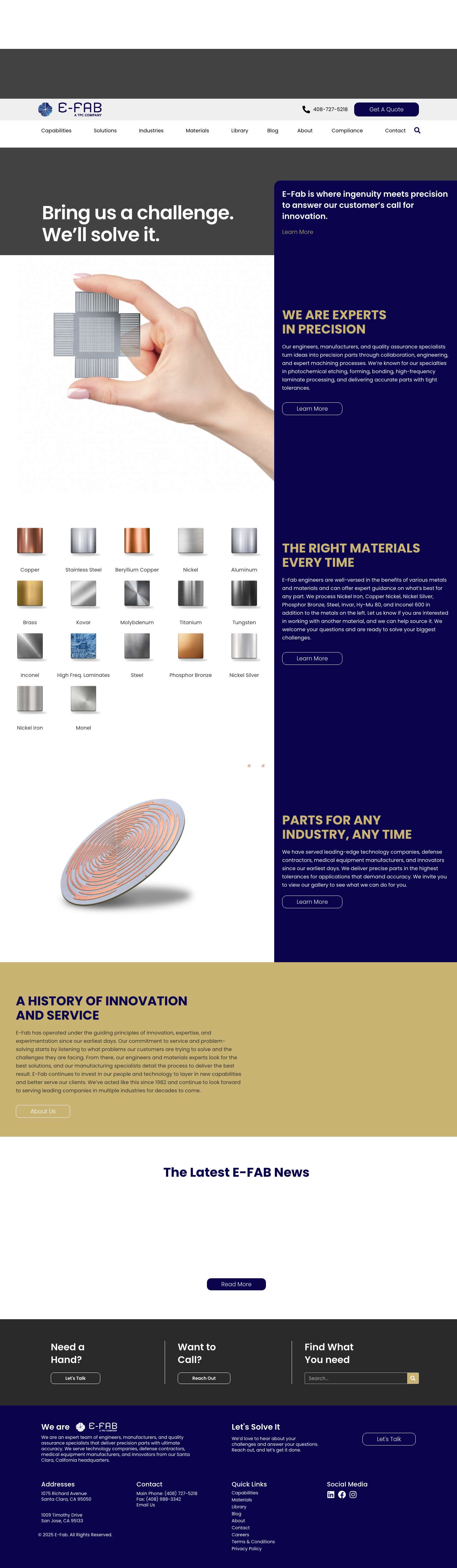 Precision Metal Parts & Chemical Etching Services (PCM) - E-Fab, Inc. - Full Screenshot