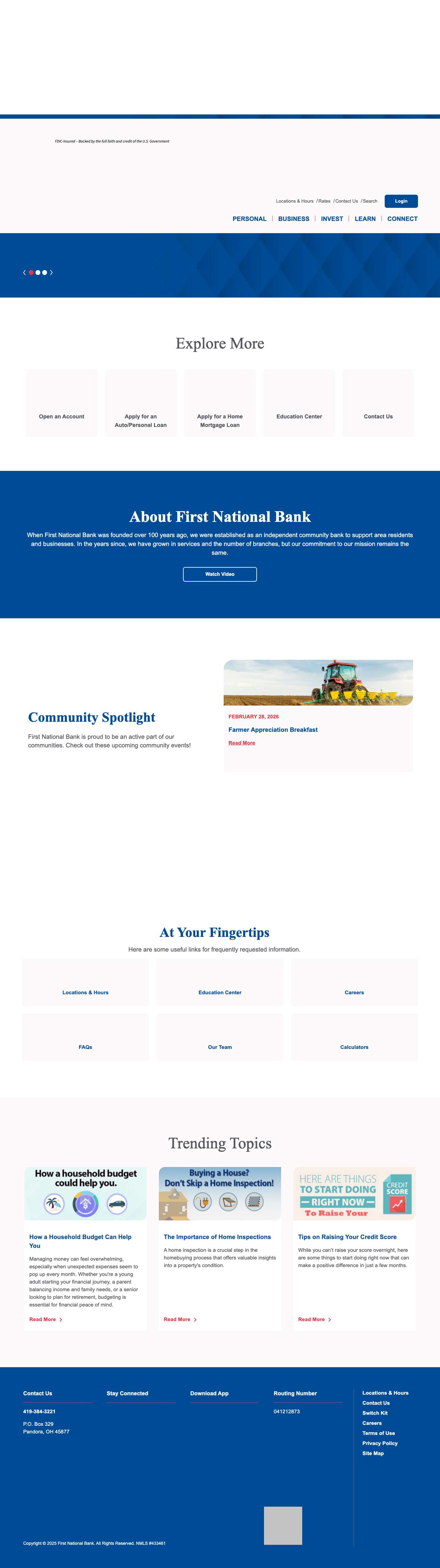 Home | First National Bank of Pandora - Full Screenshot