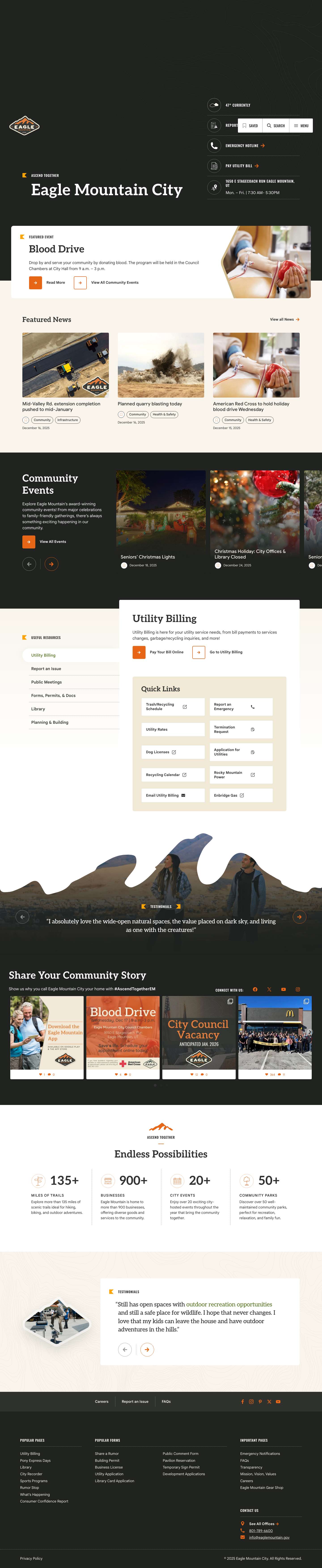 Eagle Mountain City websiteGo to Saved ContentOpen search interfaceOpen menuFacebookInstagramPinterestXYouTubeFacebookInstagramPinterestXYouTubeSee All Offices801-789-6600info@eaglemountain.govInstagramYouTube - Full Screenshot