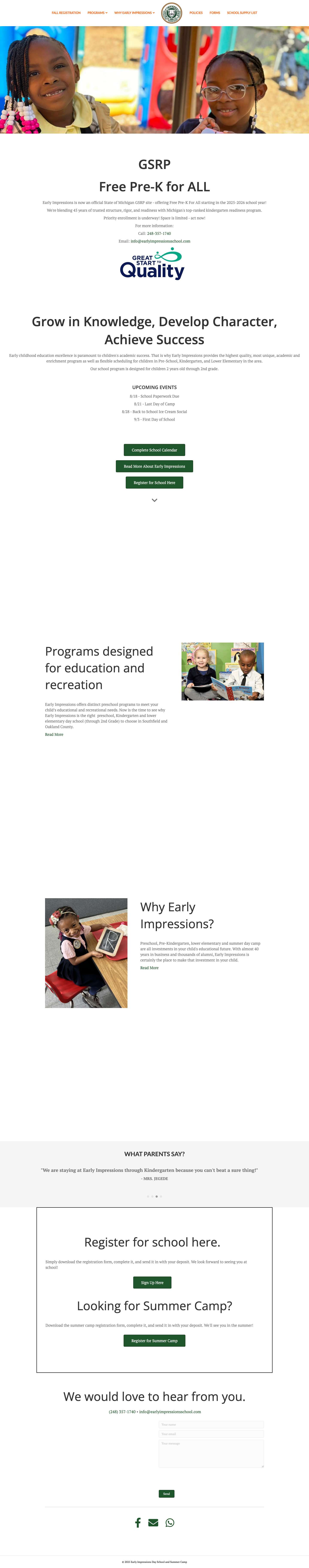 Early Impressions Day School and Summer Camp – Early Impressions is a preschool, kindergarten, lower elementary, and summer day camp in Southfield Michigan located close to Farmington Hills, Oak Park, Lathrup Village, and Beverly Hills. - Full Screenshot