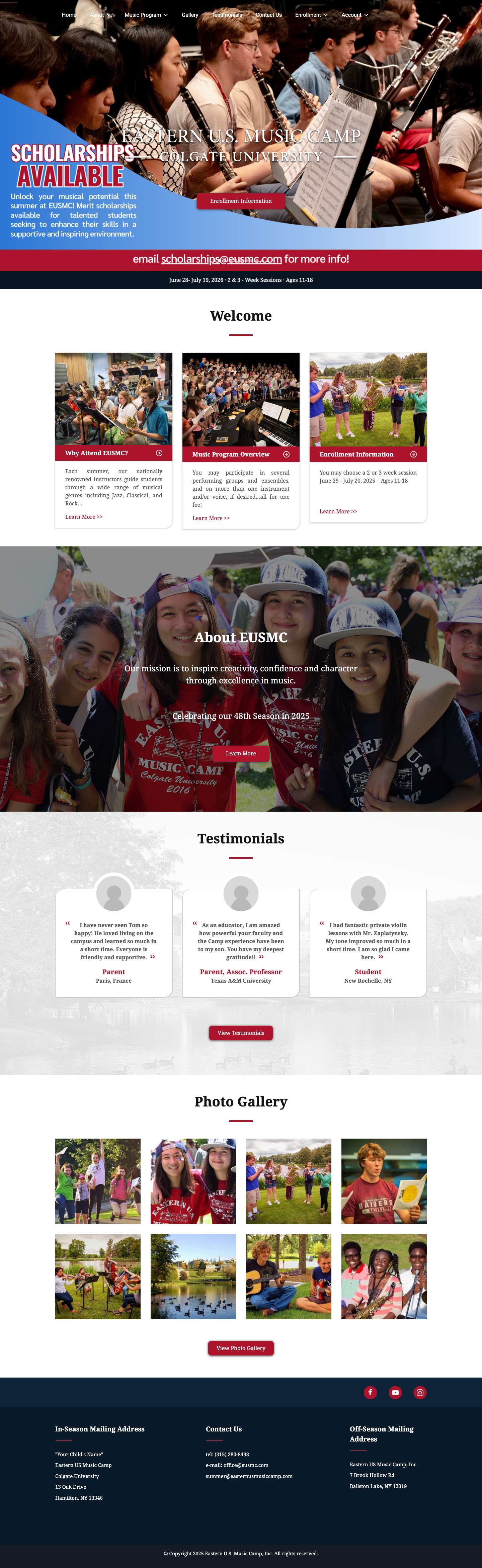 Eastern US Music Camp - Summer Music Camp in NY - Full Screenshot