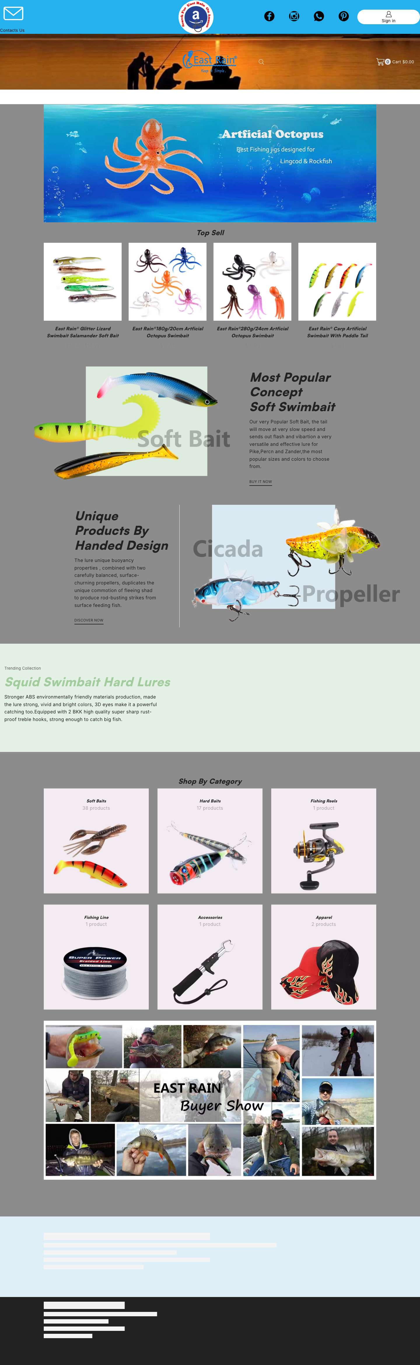 East Rain Fishing Tackle Wholesale & Retail Fishing Supplies, Soft Baits, Fishing Lurs, Jigheads, Fishing Reels, Fishing Lines, Fishing Accessories, Fishing Apparel.Fishing for Rivers, lakes, creeks, oceans, salt water, fresh water, boat.Fishing for Bass, Lingcod, Squid, Octopus, Perch, Trout, Salmon, Catfish, Pike. | East Rain Fishing Tackle - Full Screenshot