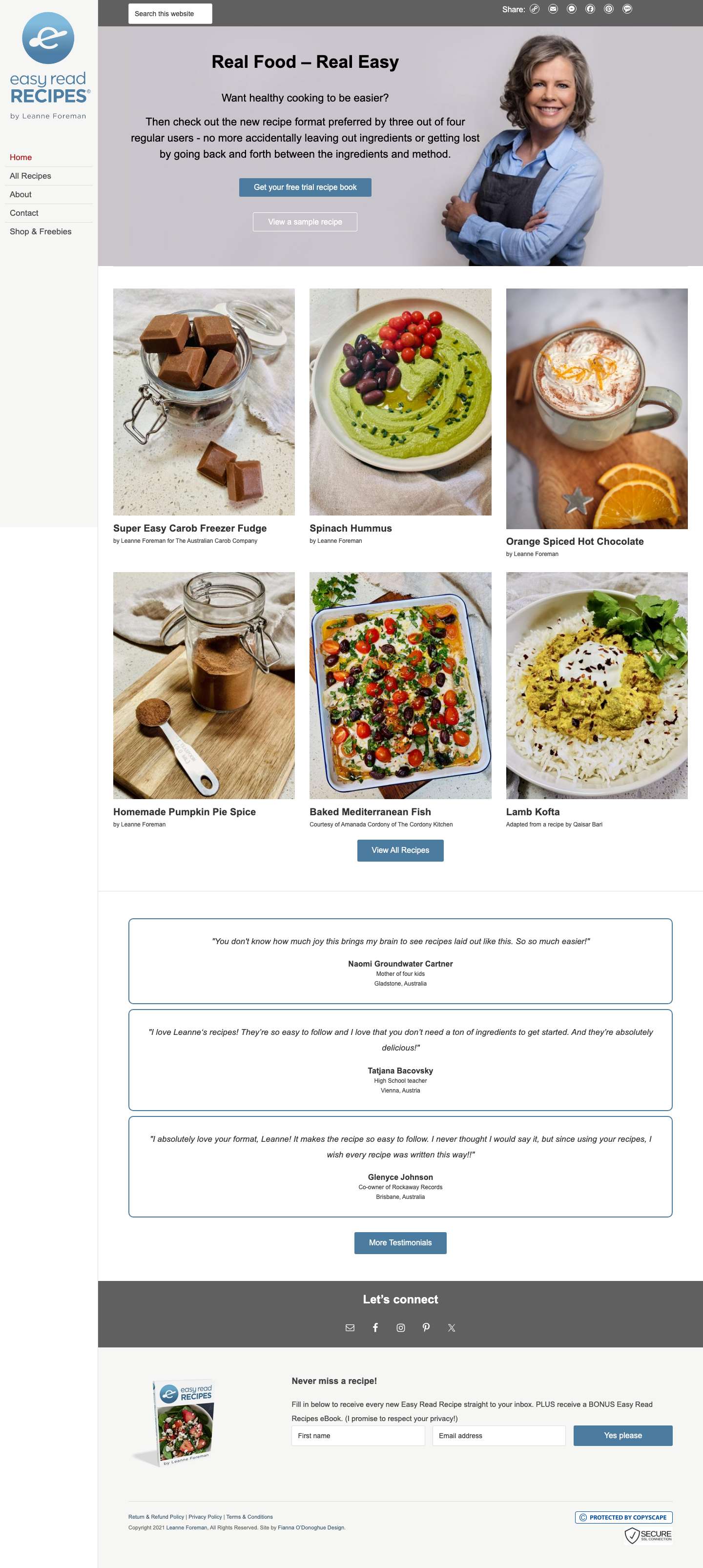 Home | Easy Read Recipes by Leanne ForemanEmailFacebookInstagramPinterestTwitter - Full Screenshot