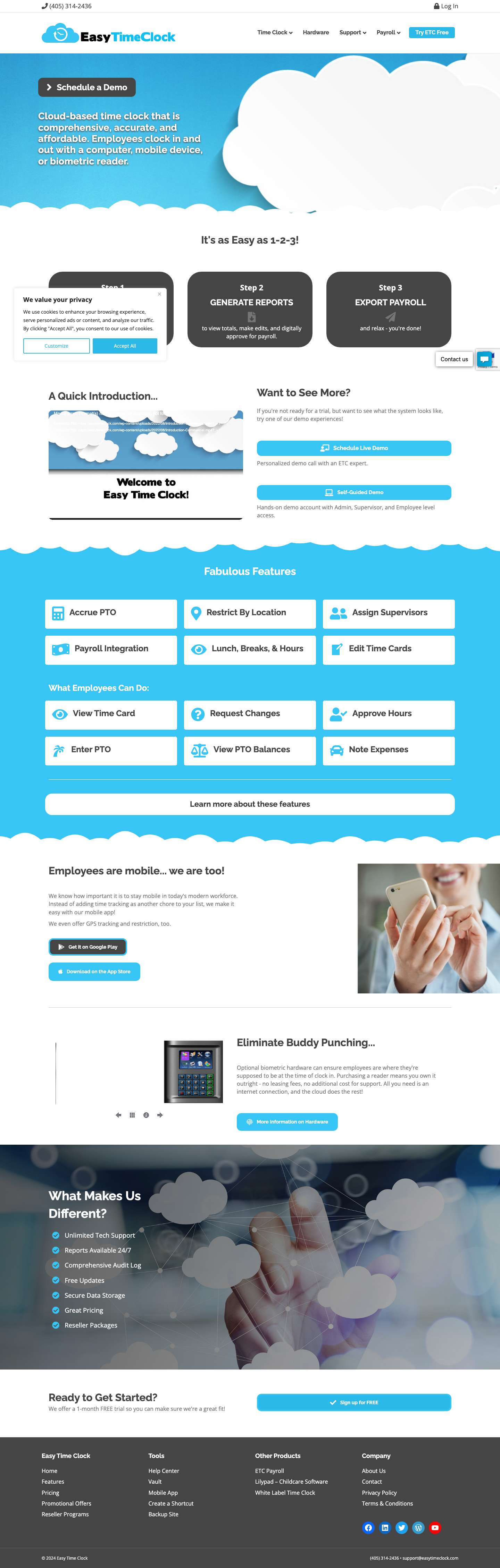 Home Schedule a Demo Cloud-based time clock that is comprehensive, accurate, and affordable. Employees clock in and out with a computer, mobile device, or biometric reader. It's as Easy as 1-2-3! Step 1 EMPLOYEES CLOCK IN with a computer, mobile device, or reader. Step 2 GENERATE REPORTS to view totals, make edits, and digitally approve for Easy Time Clock: Simplify Employee Time Tracking - Full Screenshot