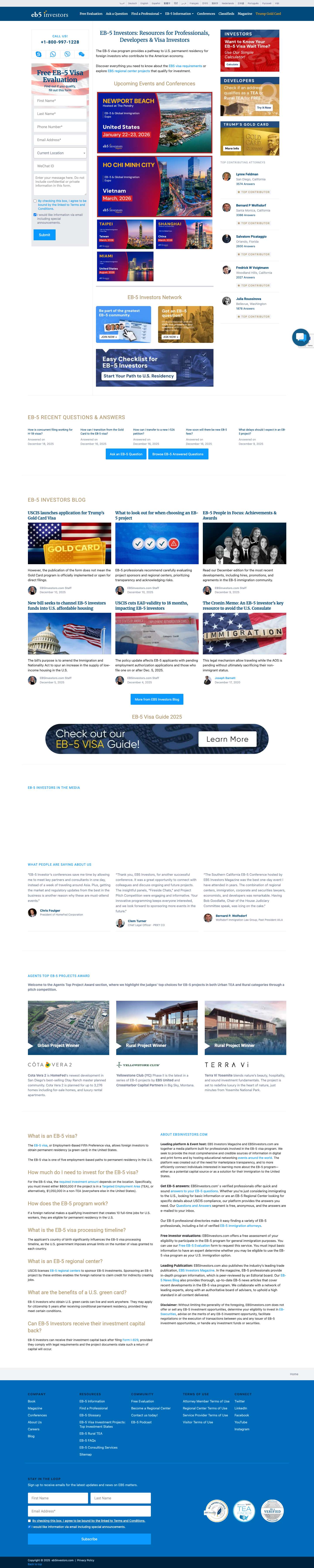 Leading Eb-5 Visa Portal - Free & Quick Evaluation from Experts - EB5Investors.com - Full Screenshot