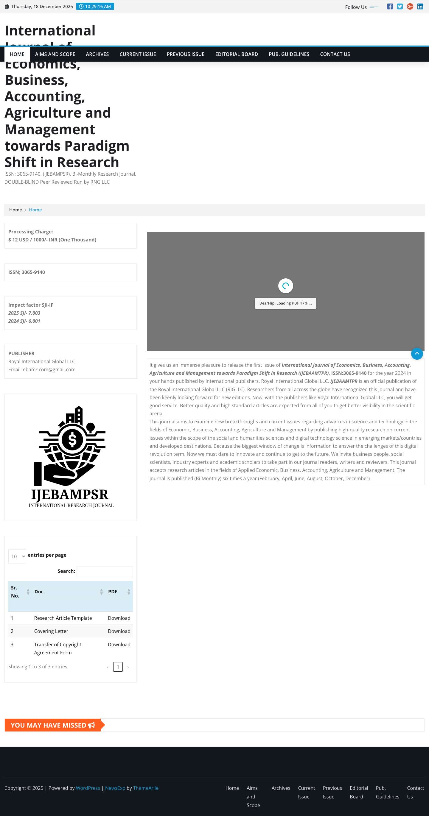 International Journal of Economics, Business, Accounting, Agriculture and Management towards Paradigm Shift in Research – ISSN; 3065-9140, (IJEBAMPSR), Bi-Monthly Research Journal, DOUBLE-BLIND Peer Reviewed Run by RNG LLC - Full Screenshot