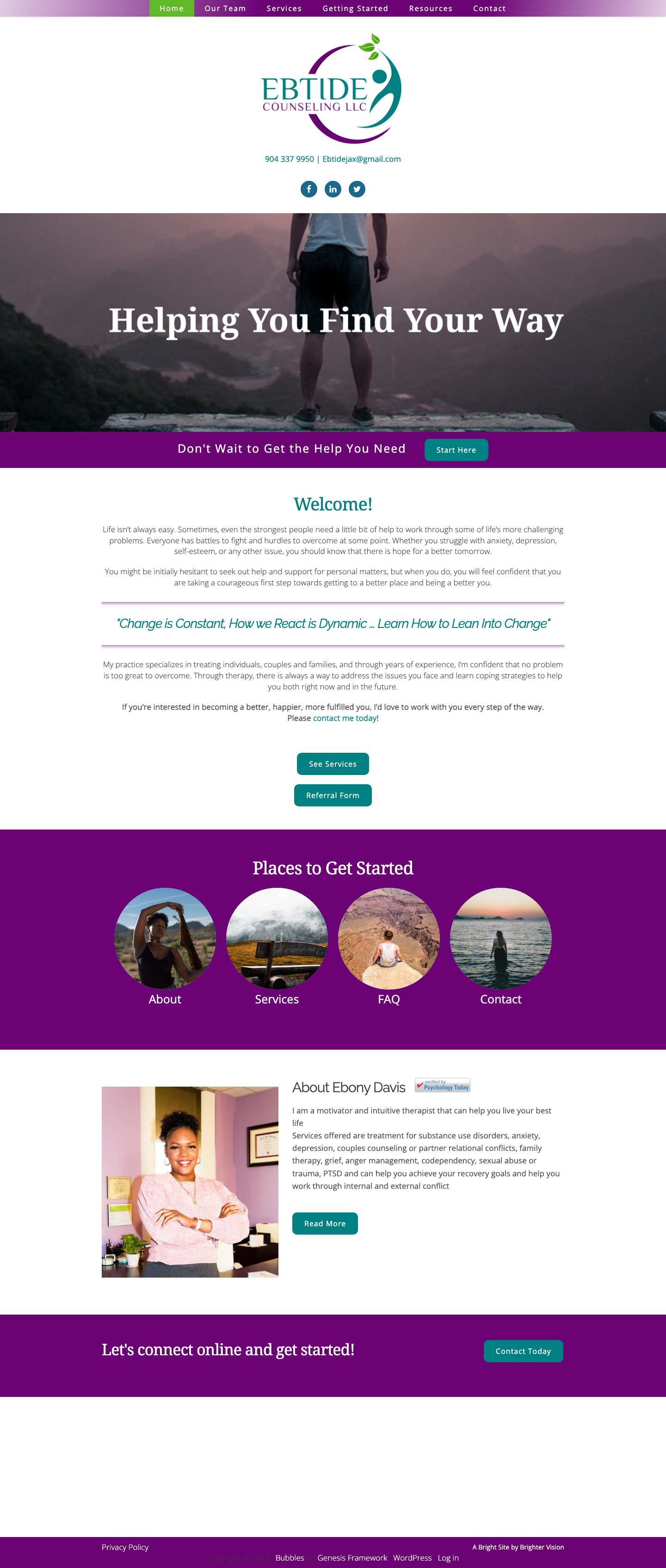 Ebony Davis, LCSW | Ebtide Counseling | Jacksonville, FL 32216FacebookLinkedInTwitter - Full Screenshot