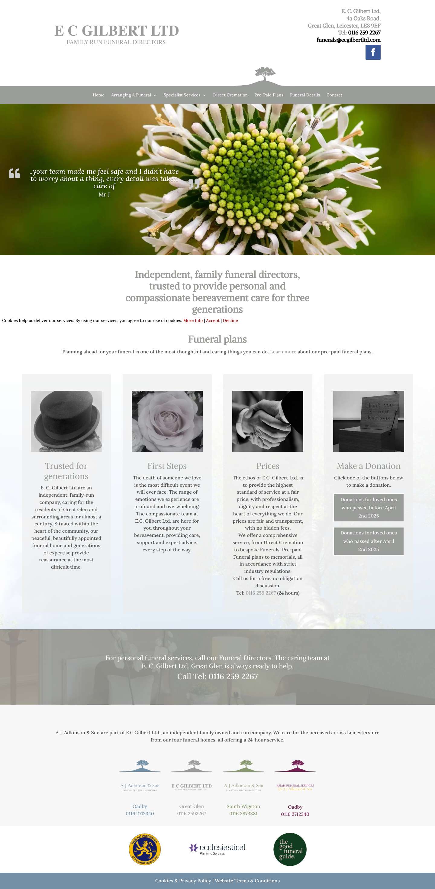 E. C. Gilbert Ltd, funeral parlour in Great Glen - Full Screenshot