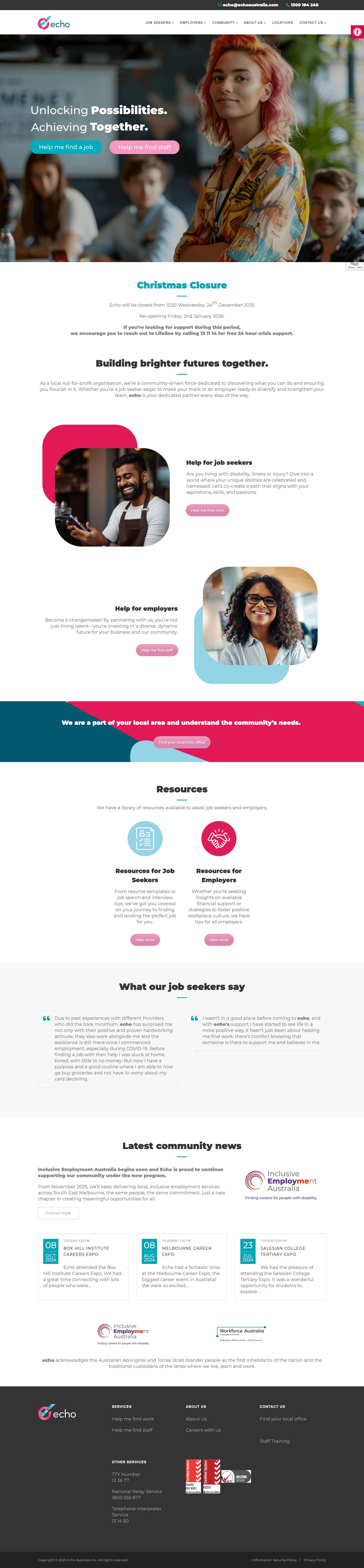 Echo Australia – Helping people reach their potentialAccessibility ToolsIncrease TextDecrease TextGrayscaleHigh ContrastNegative ContrastLight BackgroundLinks UnderlineReadable FontReset - Full Screenshot