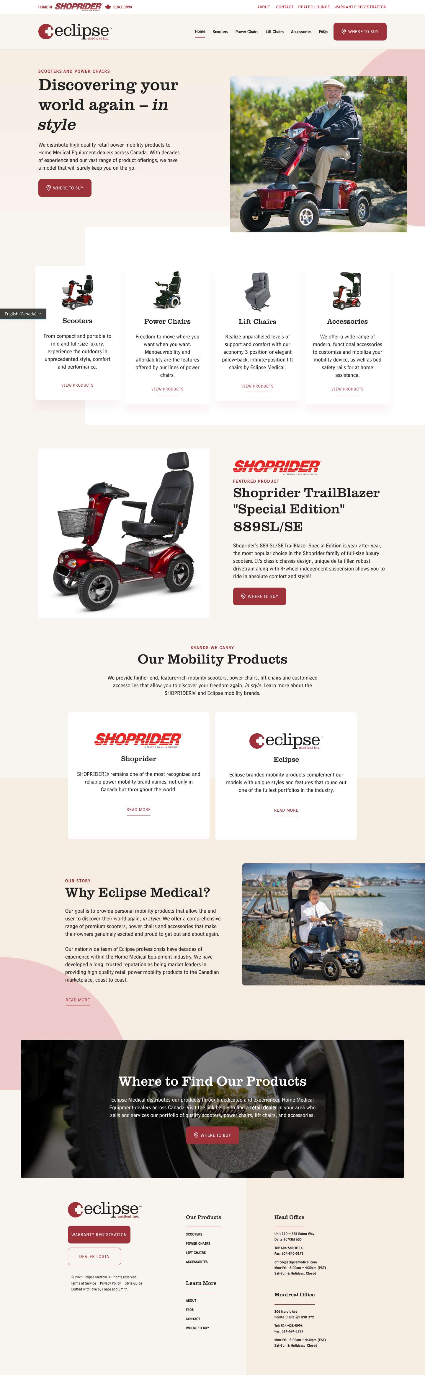 SHOPRIDER & Eclipse Mobility Scooters, Power Chairs, Lift Chairs and Scooter Accessories by Eclipse Medical - Full Screenshot