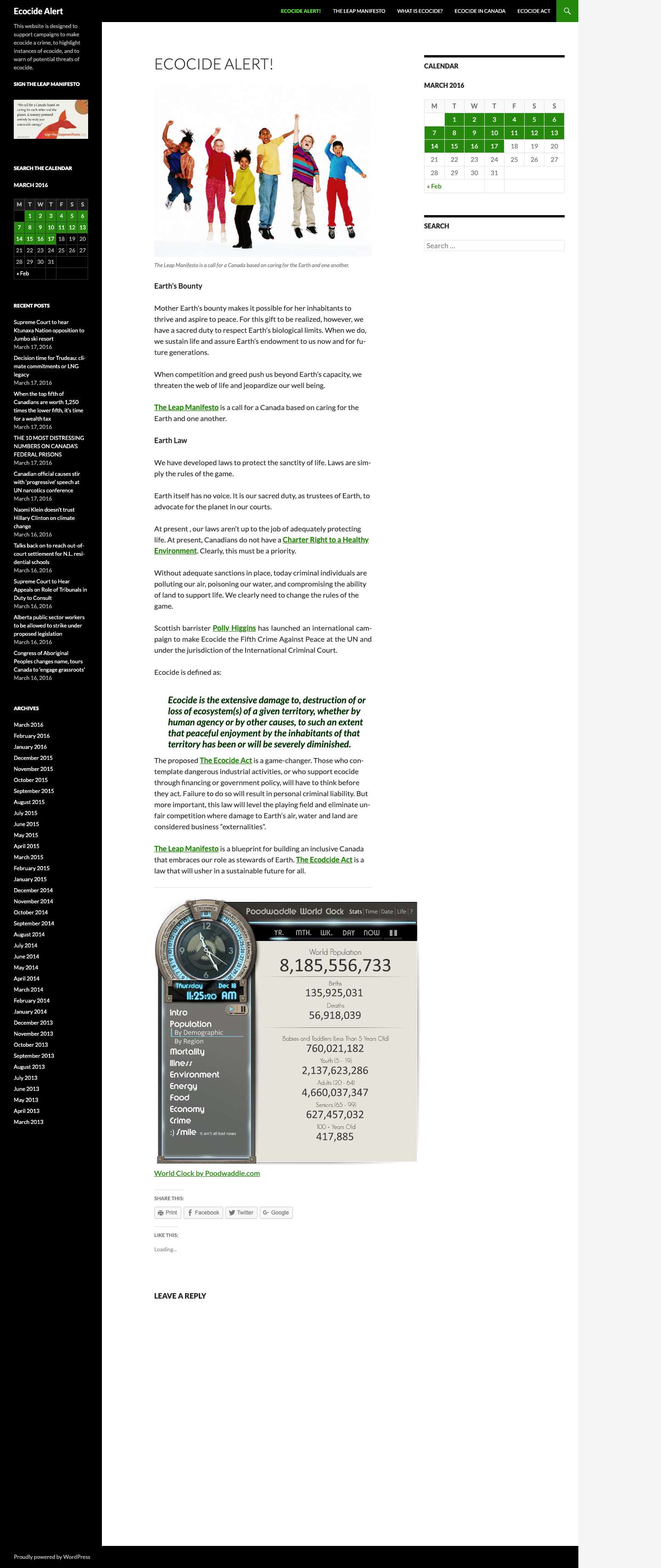 Ecocide Alert | This website is designed to support campaigns to make ecocide a crime, to highlight instances of ecocide, and to warn of potential threats of ecocide. - Full Screenshot