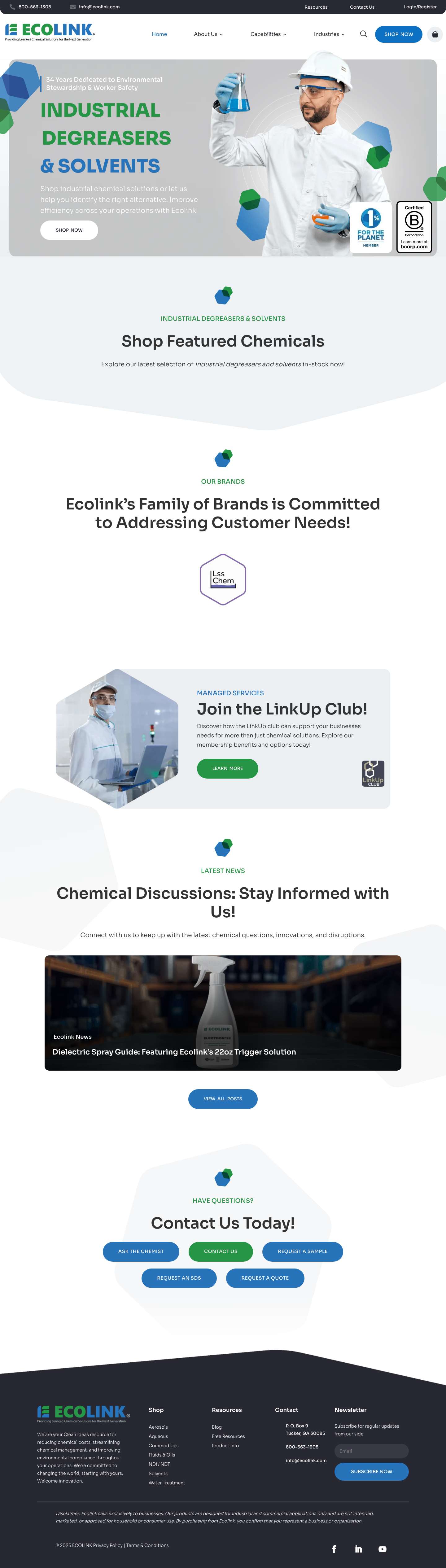 Industrial Degreasers, Chemicals & Solvents Online | Ecolink - Full Screenshot