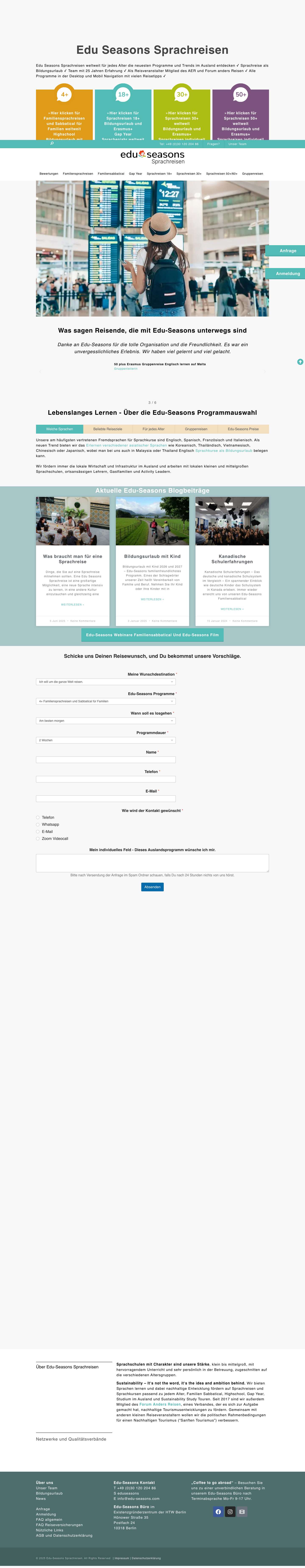 Edu Seasons Sprachreisen, Sabbatical, Gap Year, Sprachenjahr weltweit - Full Screenshot