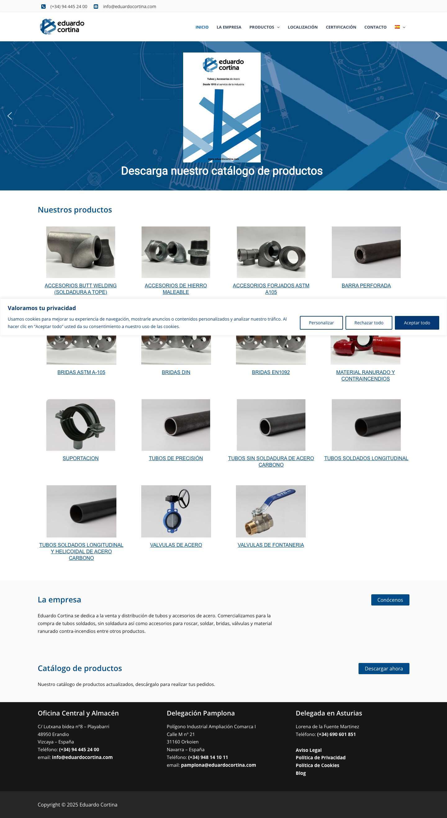 Venta de Tubos de acero e inoxidables, barras perforadas y válvulas - Eduardo Cortina - Full Screenshot