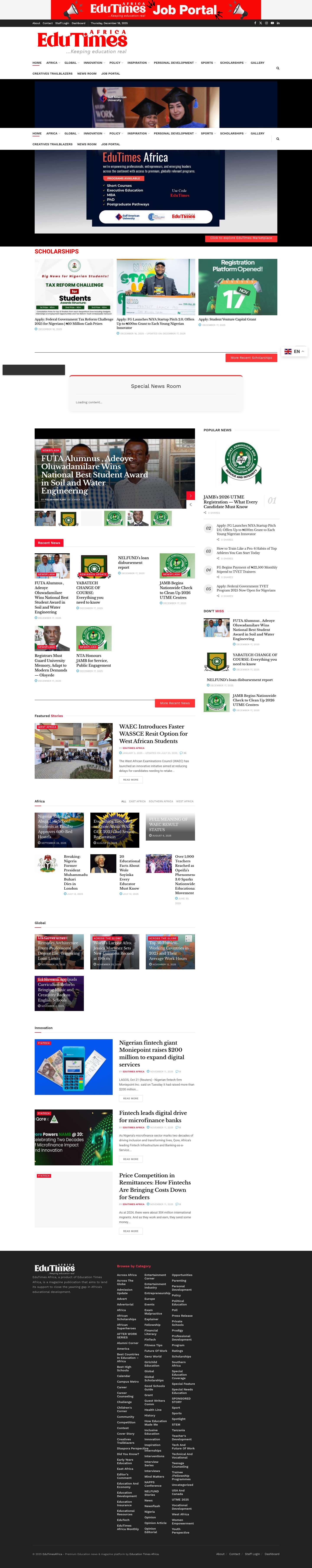 EduTimes Africa | Africa's Education News and Scholarship Leading Platform - Full Screenshot