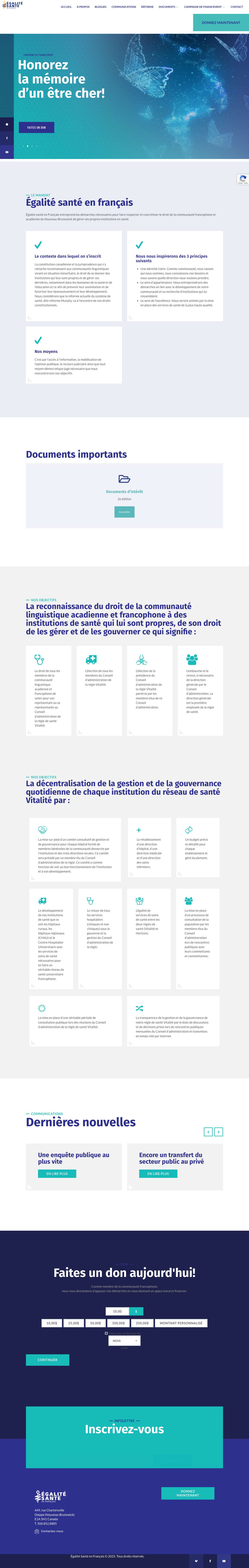 Égalité Santé en Français – Égalité Santé en Français entreprend les démarches nécessaires pour faire respecter et concrétiser le droit de la communauté francophone et acadienne du Nouveau-Brunswick de gérer ses propres institutions en santé. - Full Screenshot