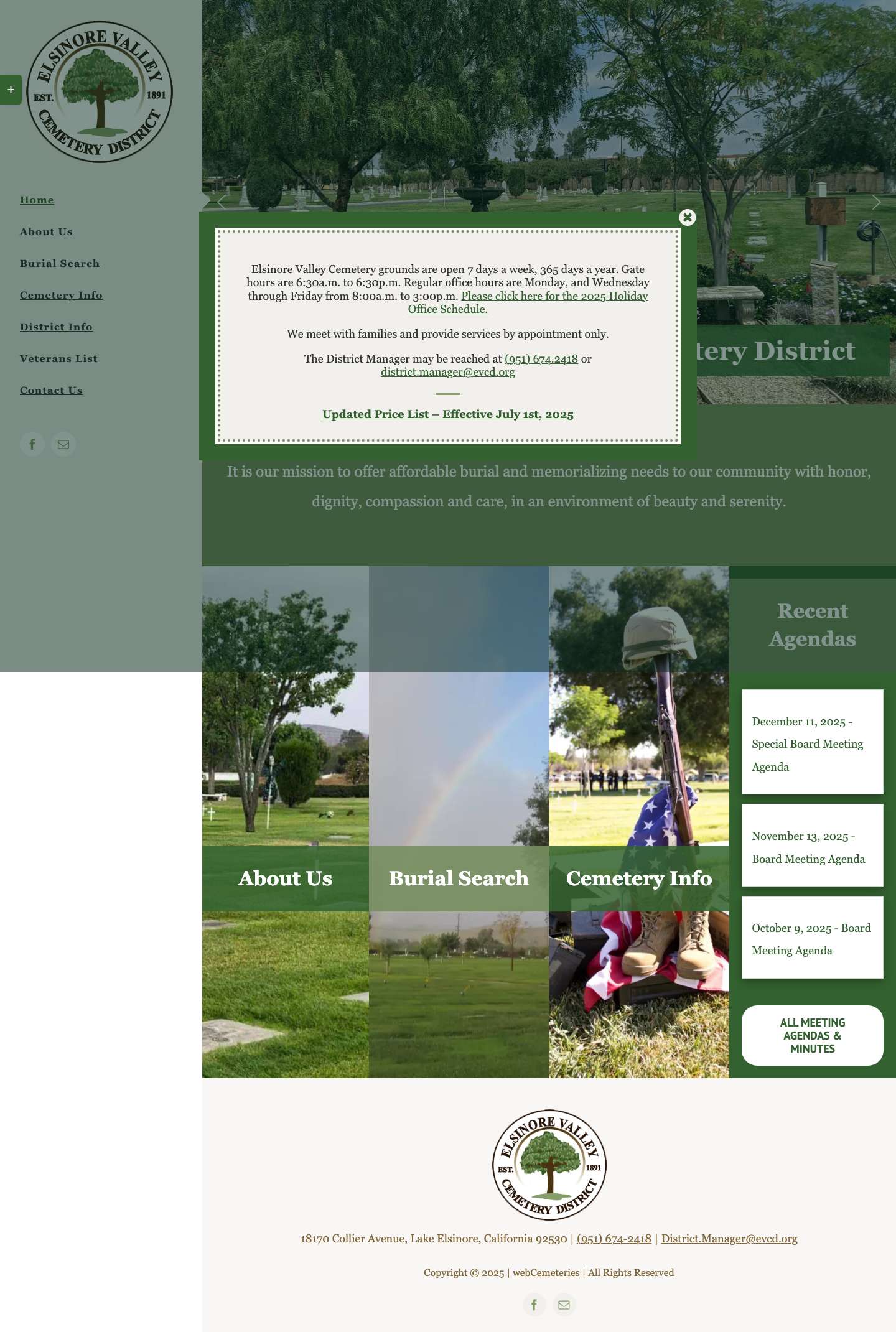 Home - Elsinore Valley Cemetery District - Full Screenshot